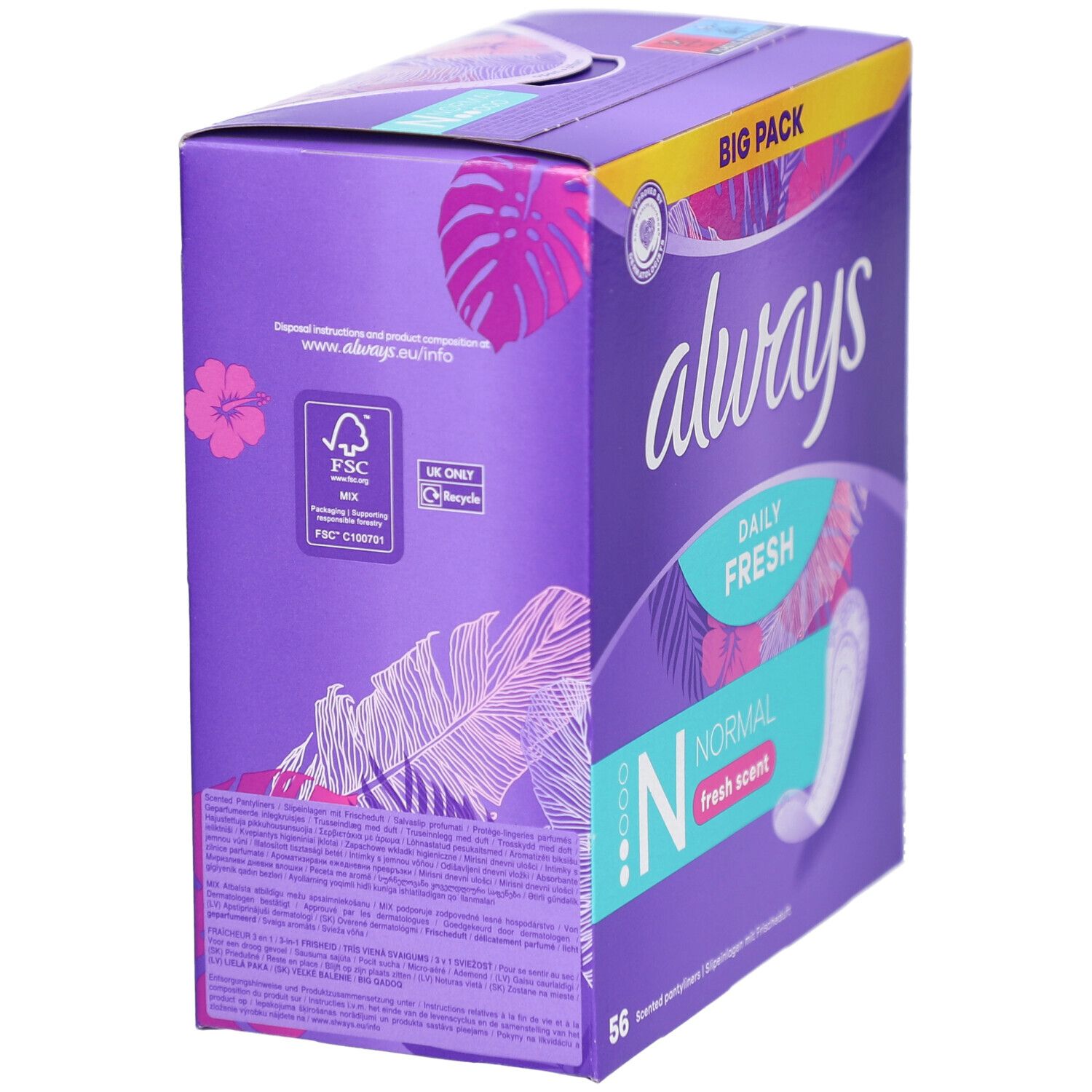 Boîte Always Daily Fresh. Emballage violet avec logo Always et informations produit. Certification FSC.