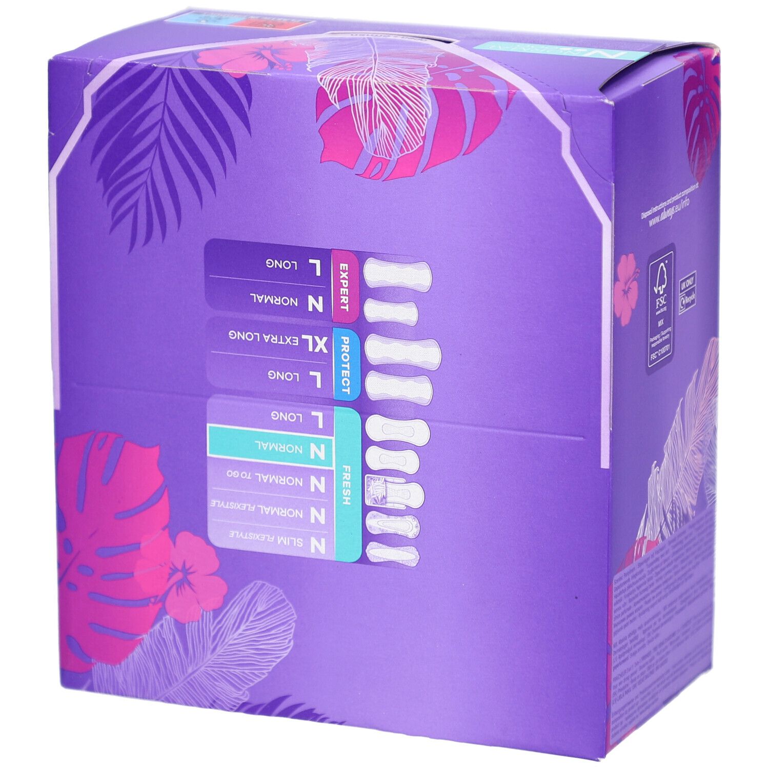 Boîte Always Daily Fresh. Emballage violet avec variantes de produits. Tailles : Normal, Long, XL Long. FSC.