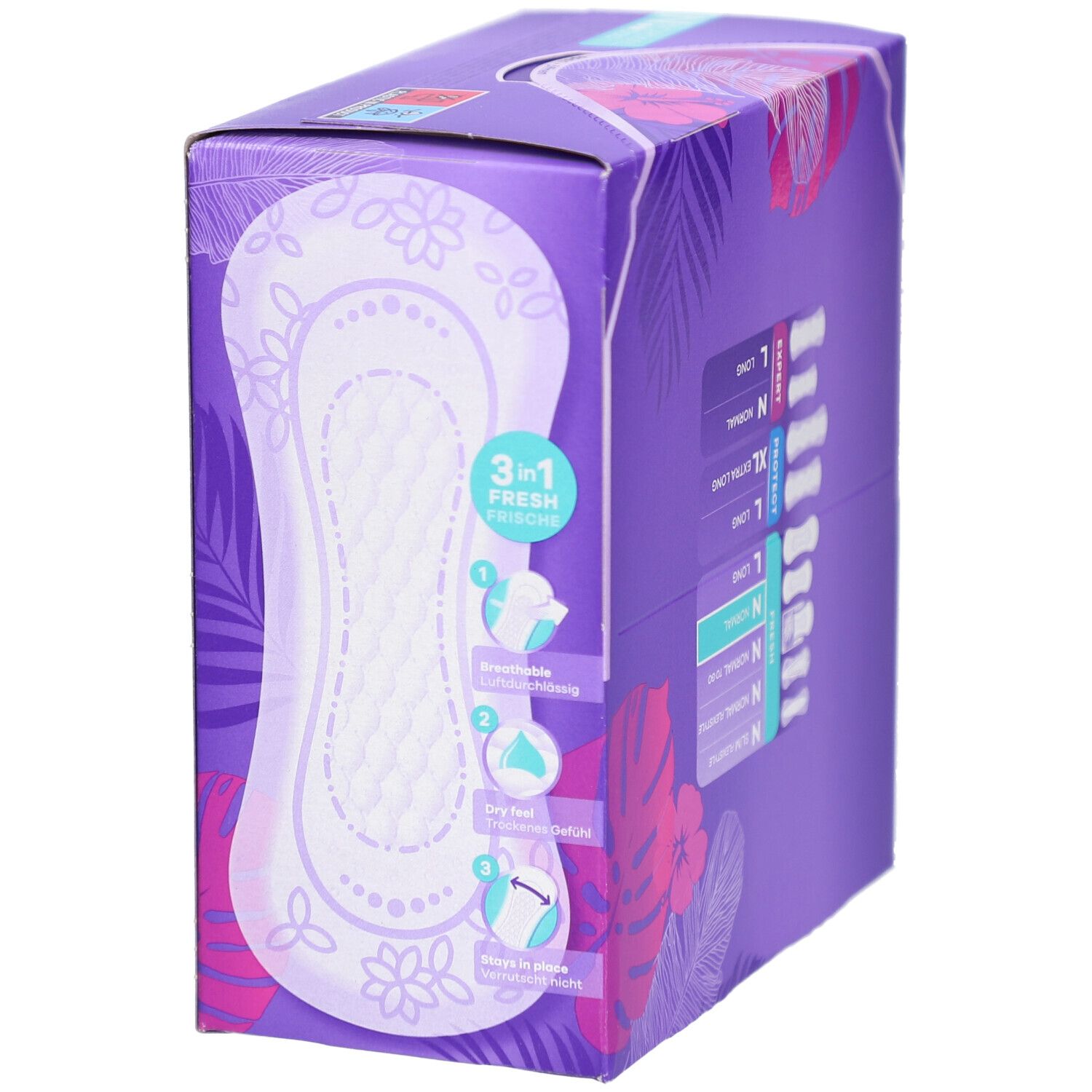 Boîte Always Daily Fresh. Emballage violet avec produit et graphique fonctionnel 3-en-1. Nom du produit.