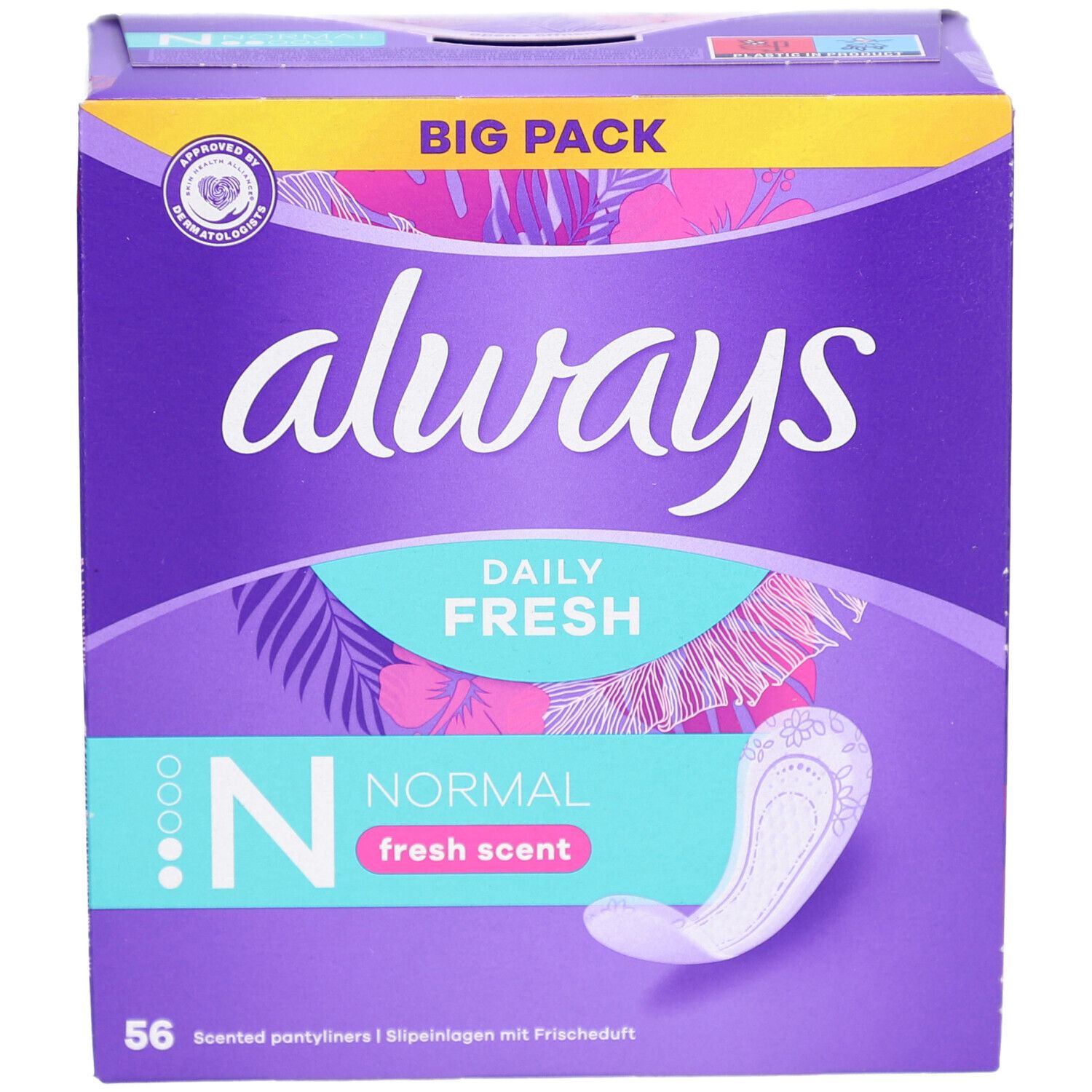 Boîte Always Daily Fresh. Emballage violet avec logo Always, nom du produit et protège-slip. 56 unités.