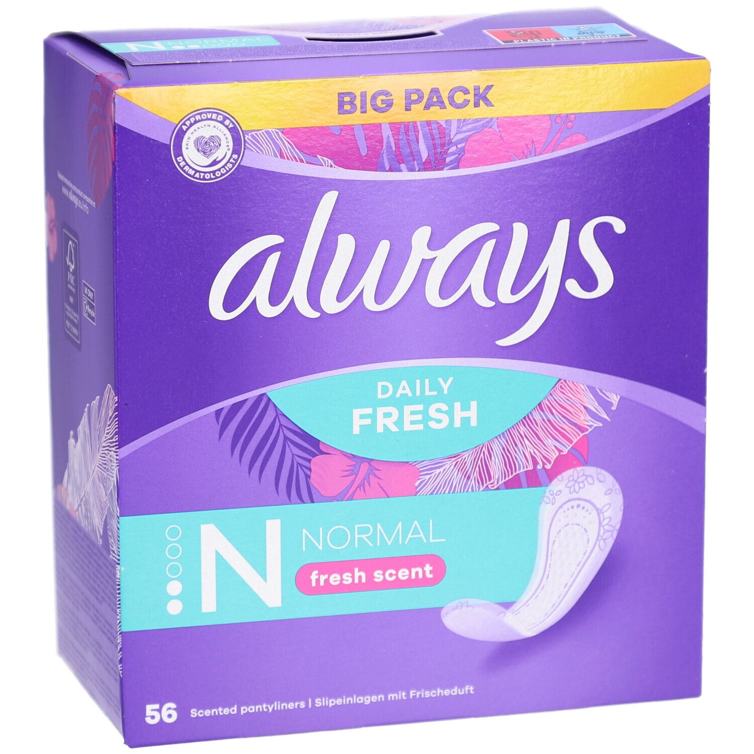 Boîte Always Daily Fresh. Emballage violet avec logo Always, nom du produit et protège-slip. 56 unités.