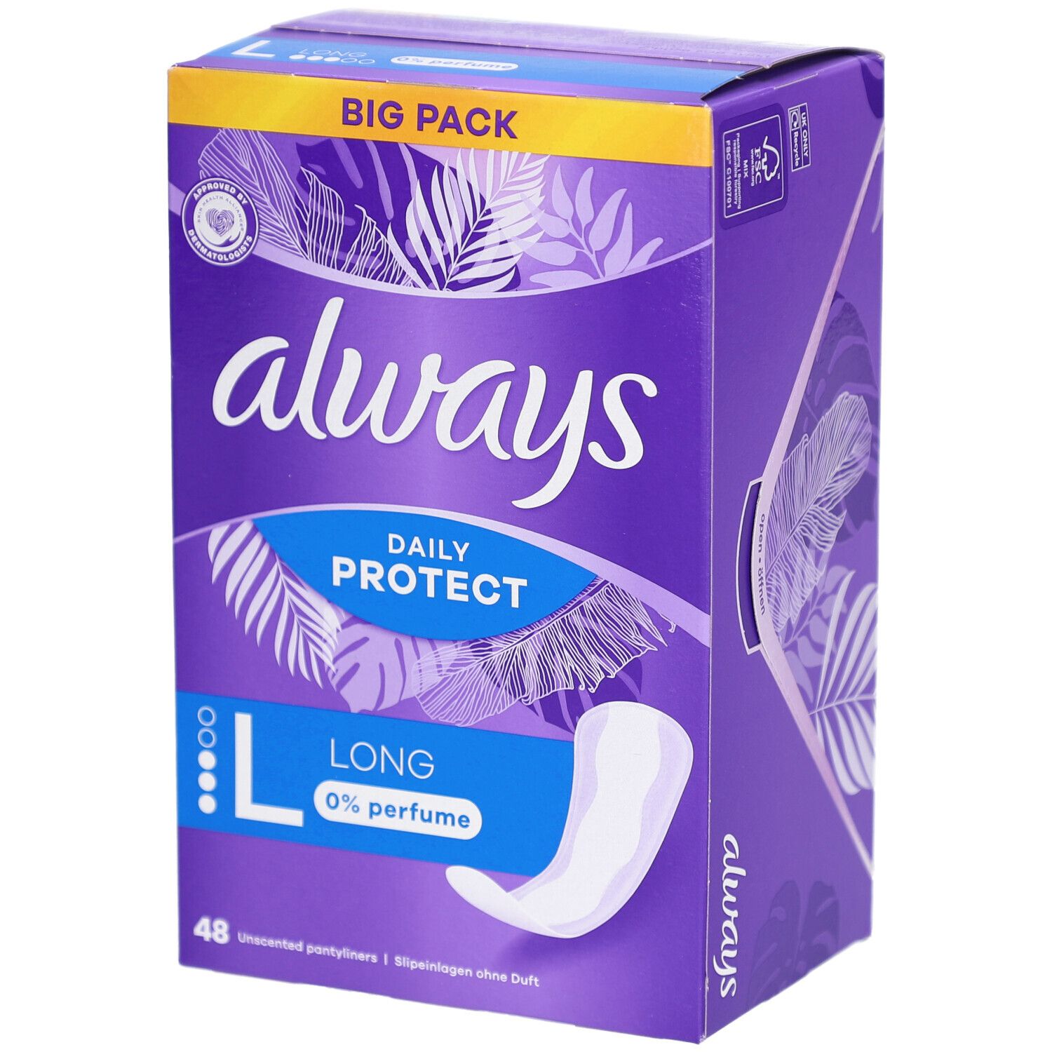 Boîte Always violette. Contient des protège-slips Daily Protect Long. "Big Pack" et "48 pièces" sont visibles.