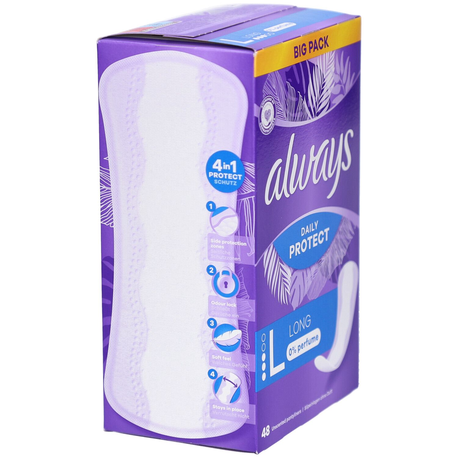 Emballage Always violet avec protège-slips Daily Protect Long. Montre une protection 4-en-1. Image et infos produit.