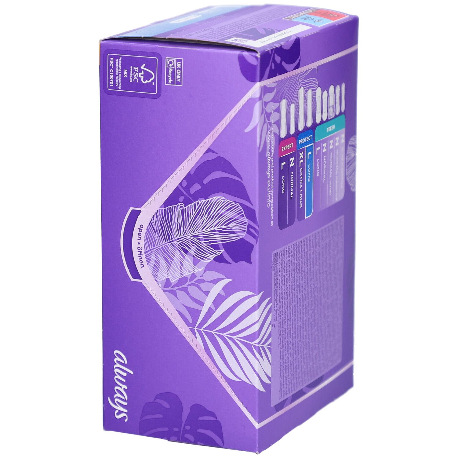 Emballage Always violet. Montre différents types et tailles de protège-slips. Contient des informations produit et logo.