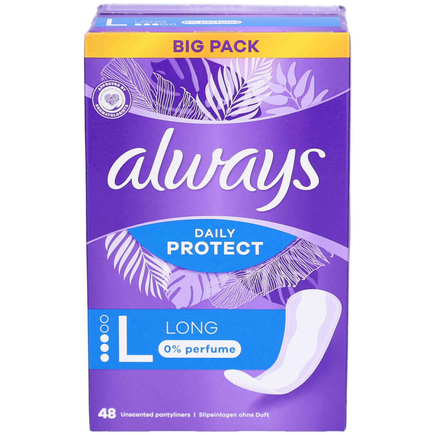 Emballage Always avec protège-slips Daily Protect Long. Boîte violette avec logo Always blanc. "Big Pack" visible.