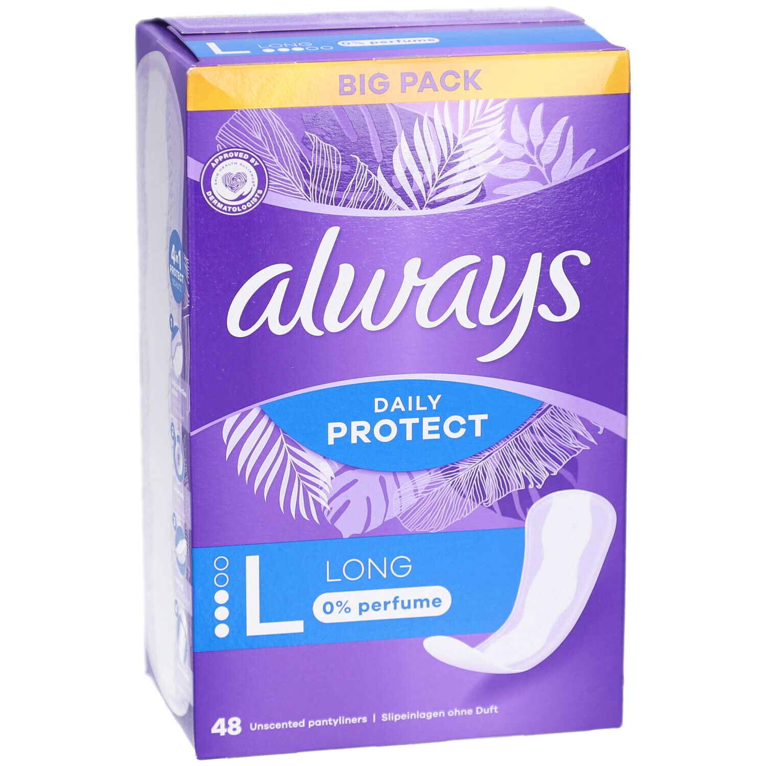 Emballage Always avec protège-slips Daily Protect Long. Boîte violette avec logo Always blanc. "Big Pack" visible.