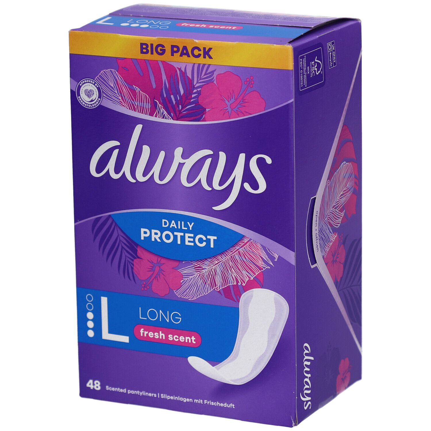 Boîte Always Daily Protect. Boîte violette avec logo Always, nom du produit et protège-slips Long. Inscription: Big Pack.