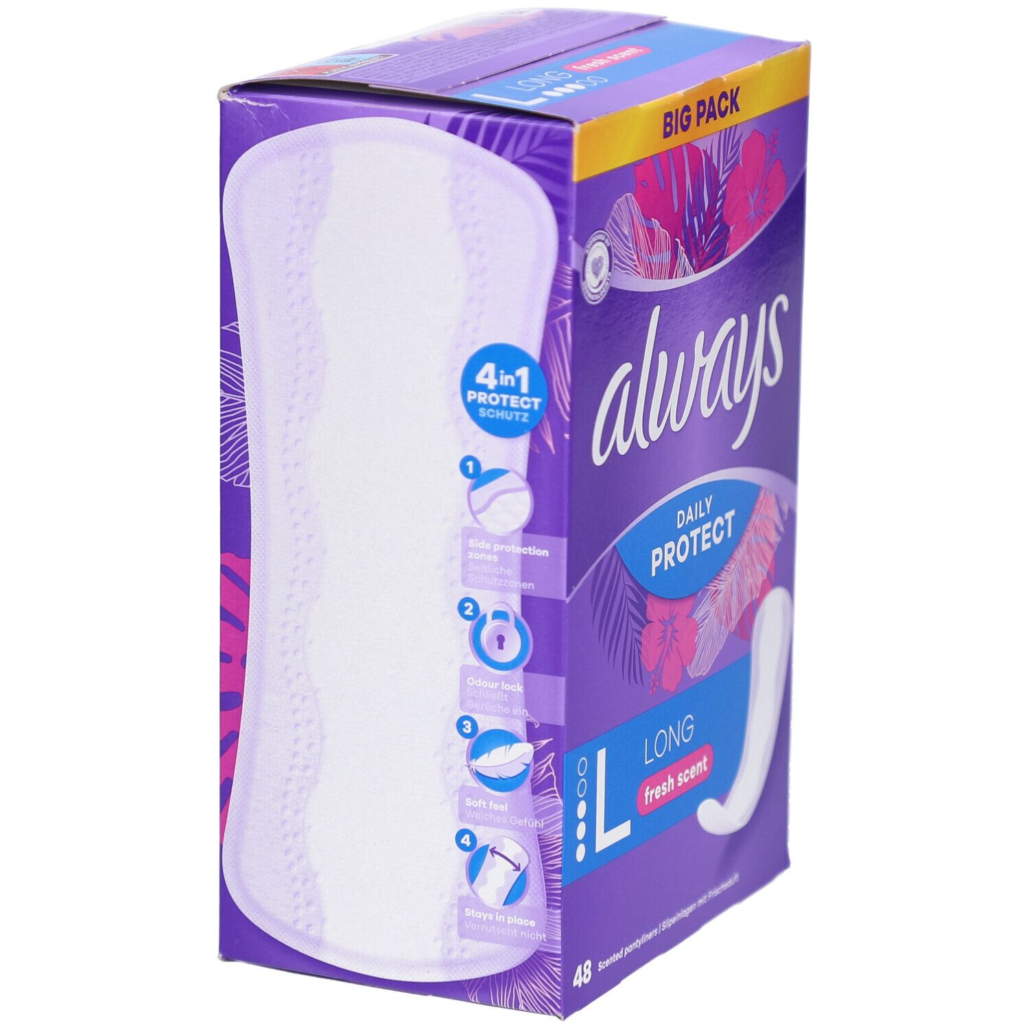 Boîte Always Daily Protect. Boîte violette avec logo Always, nom du produit et protège-slips Long. Affiche les caractéristiques de protection 4 en 1.