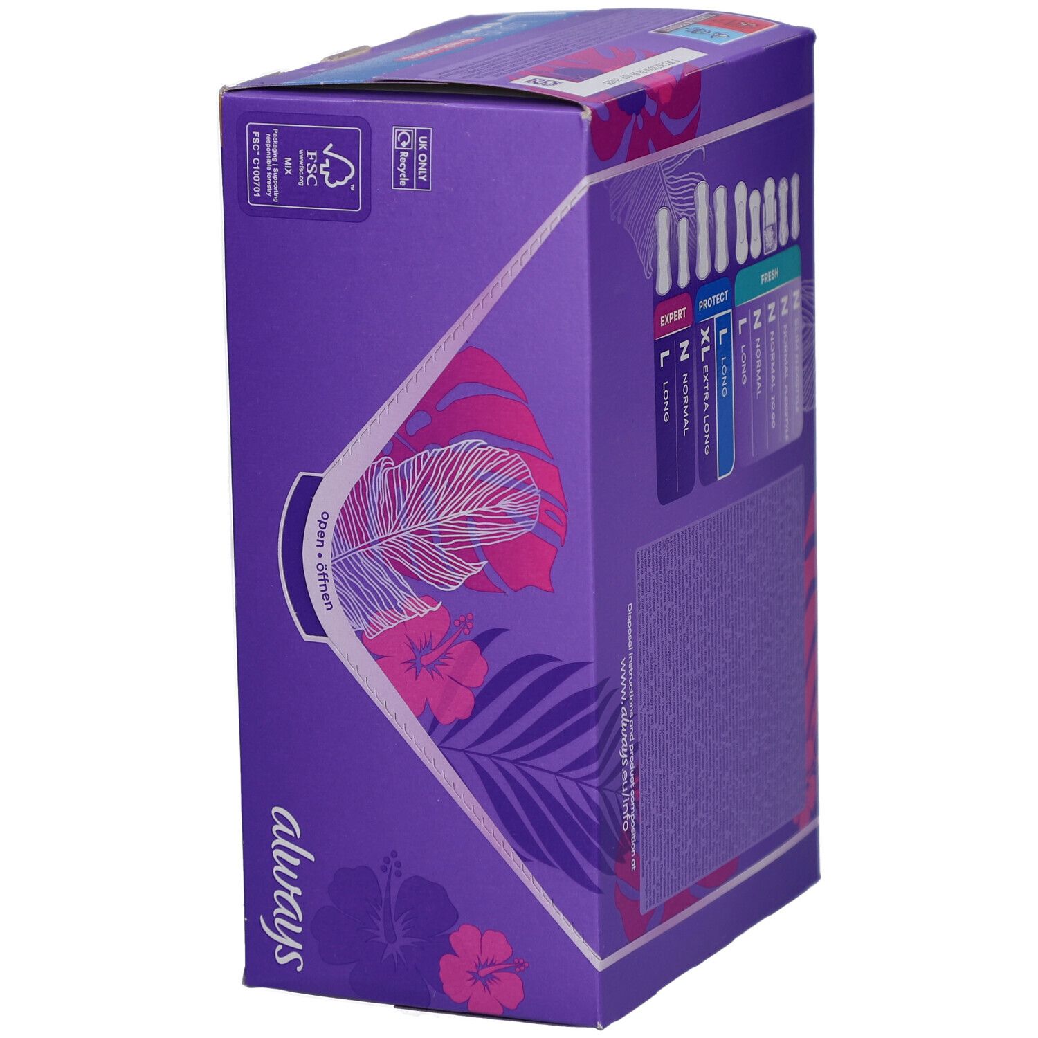 Boîte Always Daily Protect. Boîte violette avec logo Always et motifs floraux. Affiche les variantes de produits sur le côté.