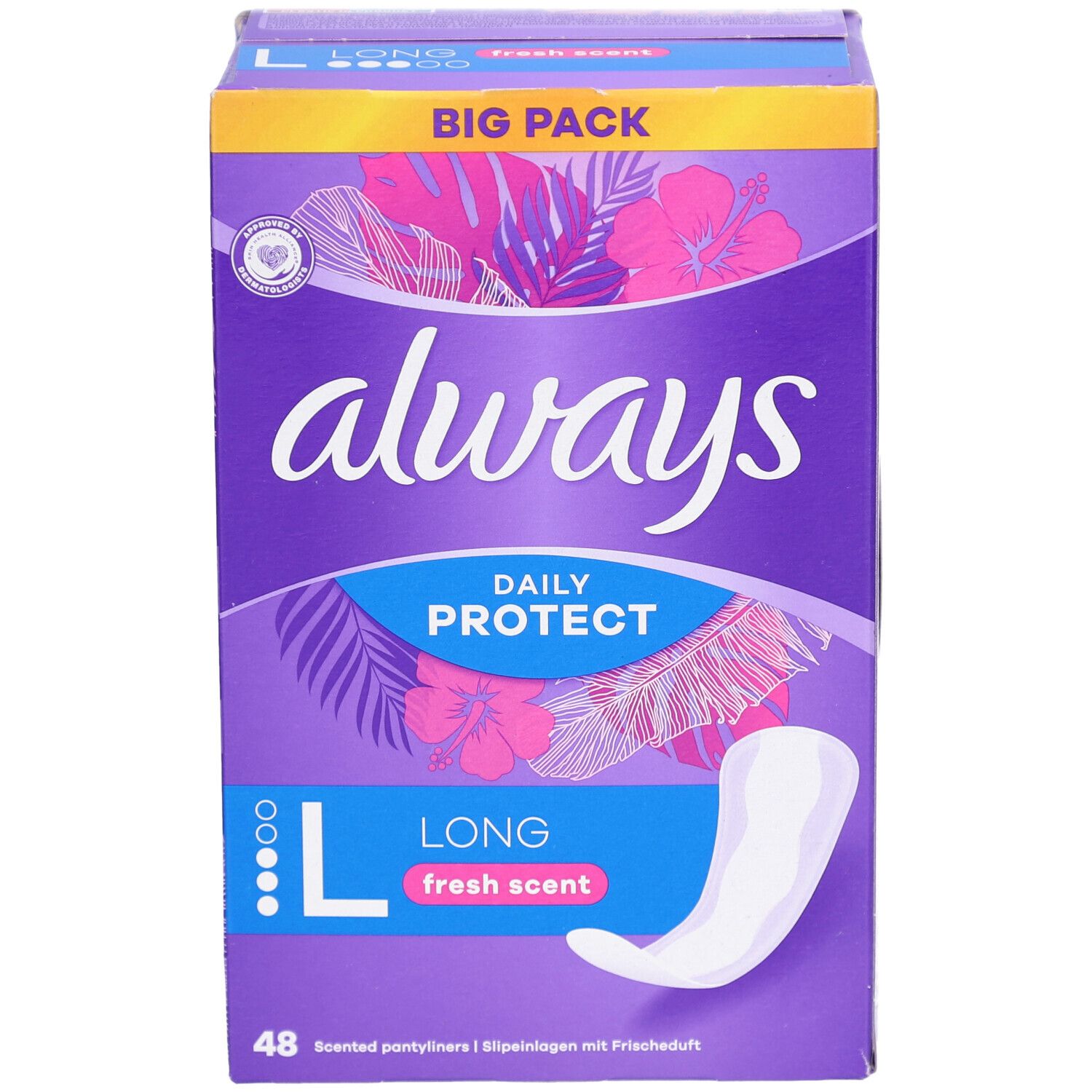 Boîte Always Daily Protect. Boîte violette avec logo Always, nom du produit et protège-slips Long. Inscription: Big Pack. 48 pièces.