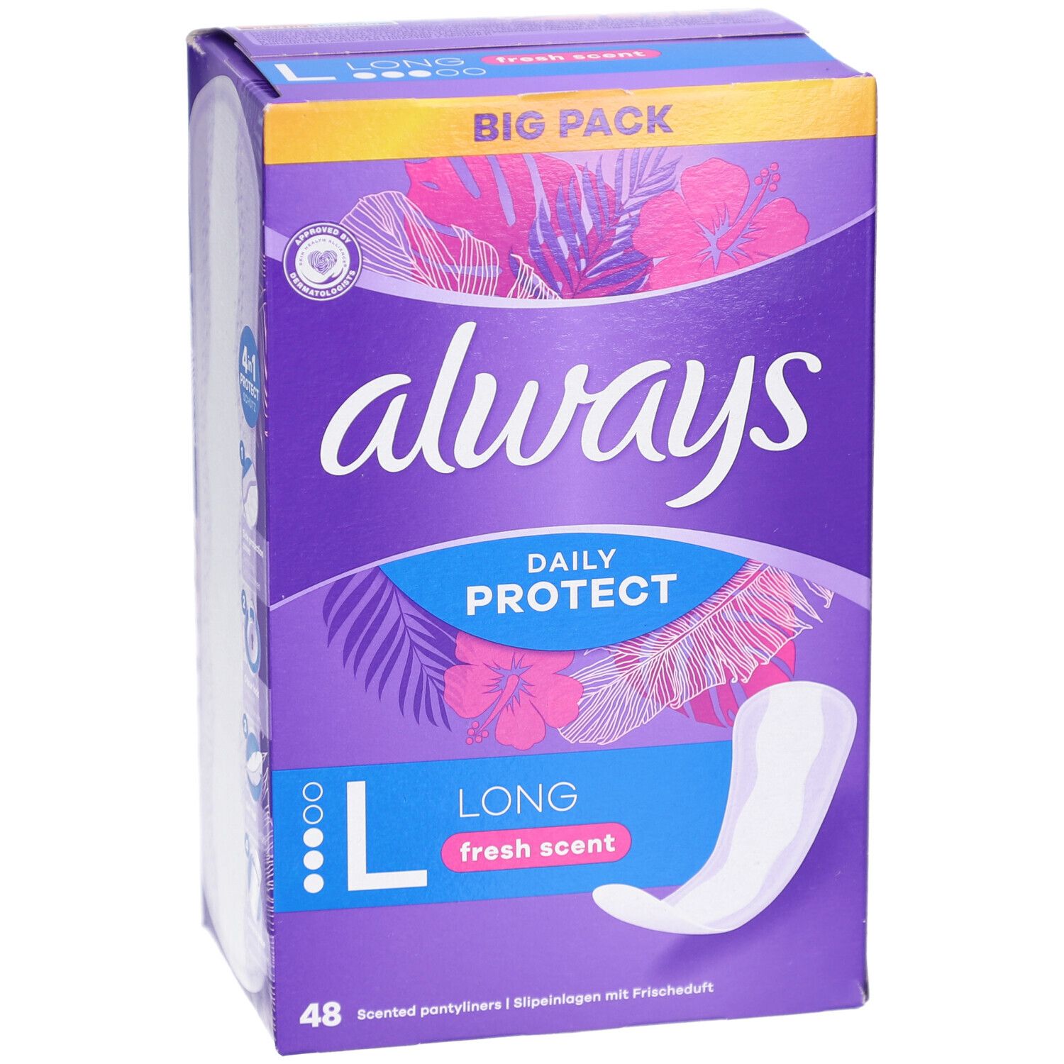 Boîte Always Daily Protect. Boîte violette avec logo Always, nom du produit et protège-slips Long. Inscription: Big Pack. 48 pièces.