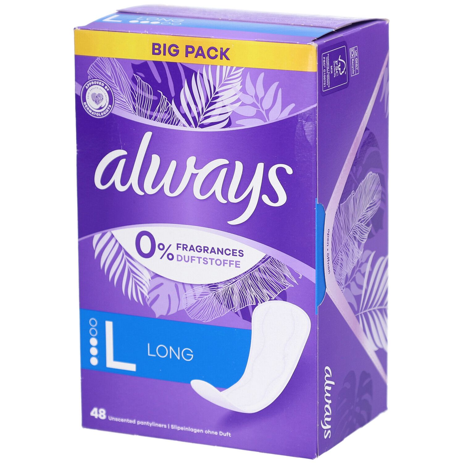 Boîte Always Protect Protège-slips Long L. Emballage violet avec logo Always, 0% parfum, et illustration du produit.