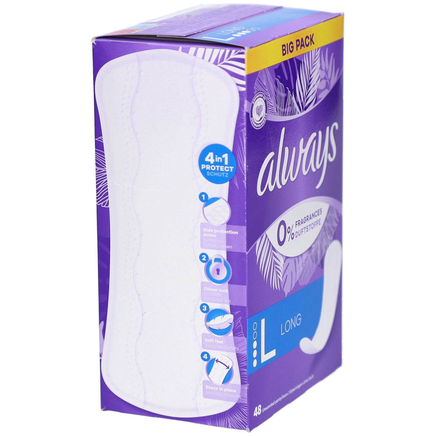 Boîte Always Protect Protège-slips Long L. Affiche la protection 4-en-1, l'illustration du produit et le logo Always. Boîte violette.