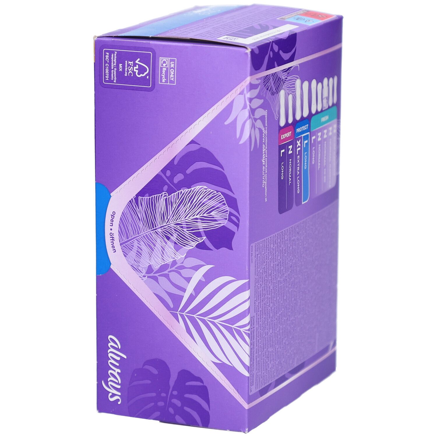 Vue latérale de la boîte Always Protect Protège-slips Long L. Boîte violette avec logo Always et informations produit.