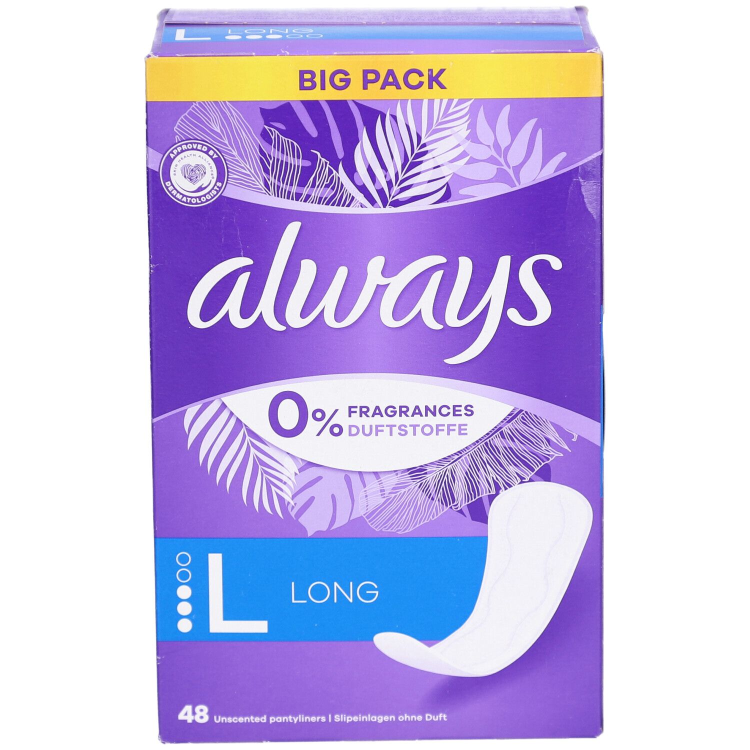Boîte Always Protect Protège-slips Long L. Emballage violet avec logo Always, 0% parfum, et illustration du produit.