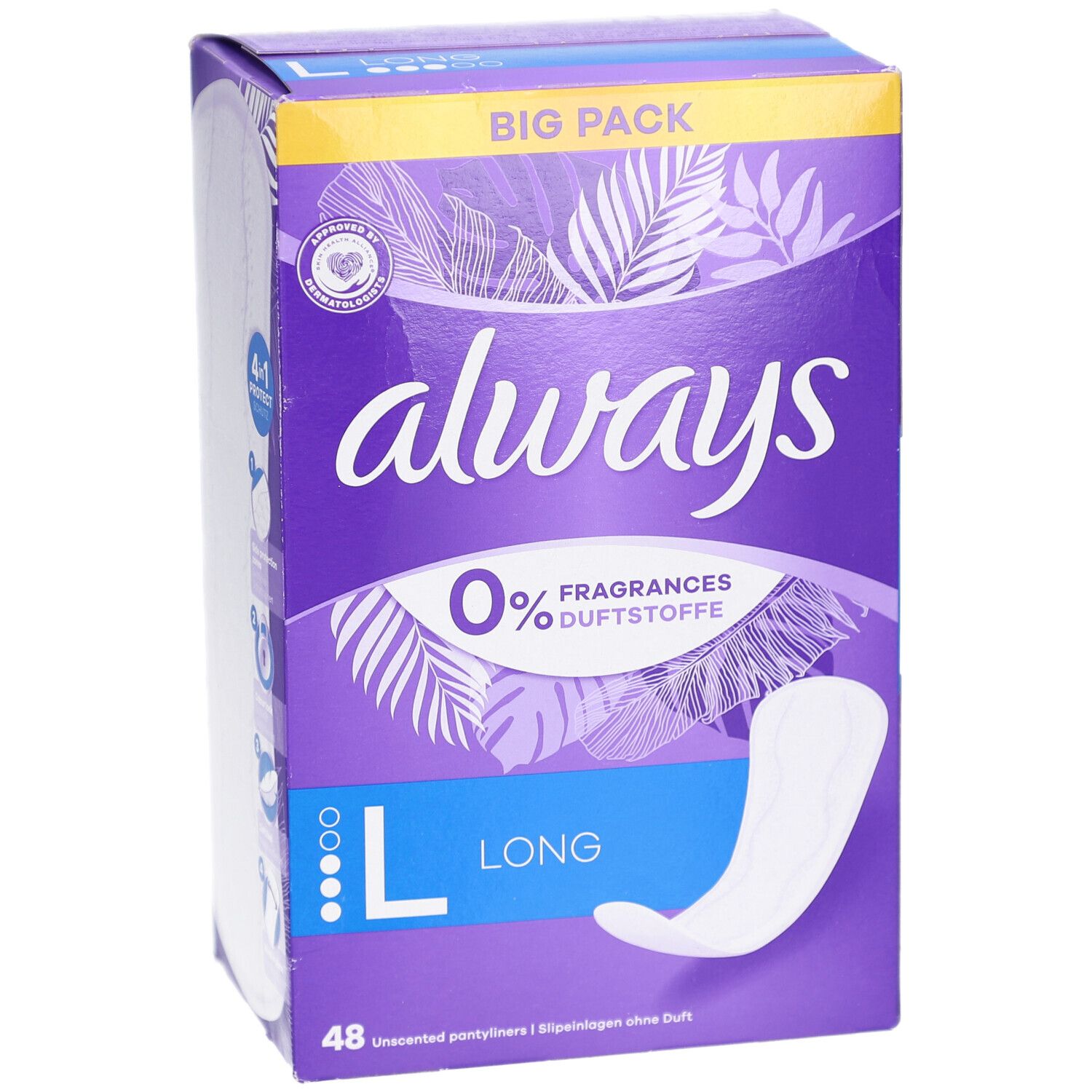 Boîte Always Protect Protège-slips Long L. Emballage violet avec logo Always, 0% parfum, et illustration du produit.