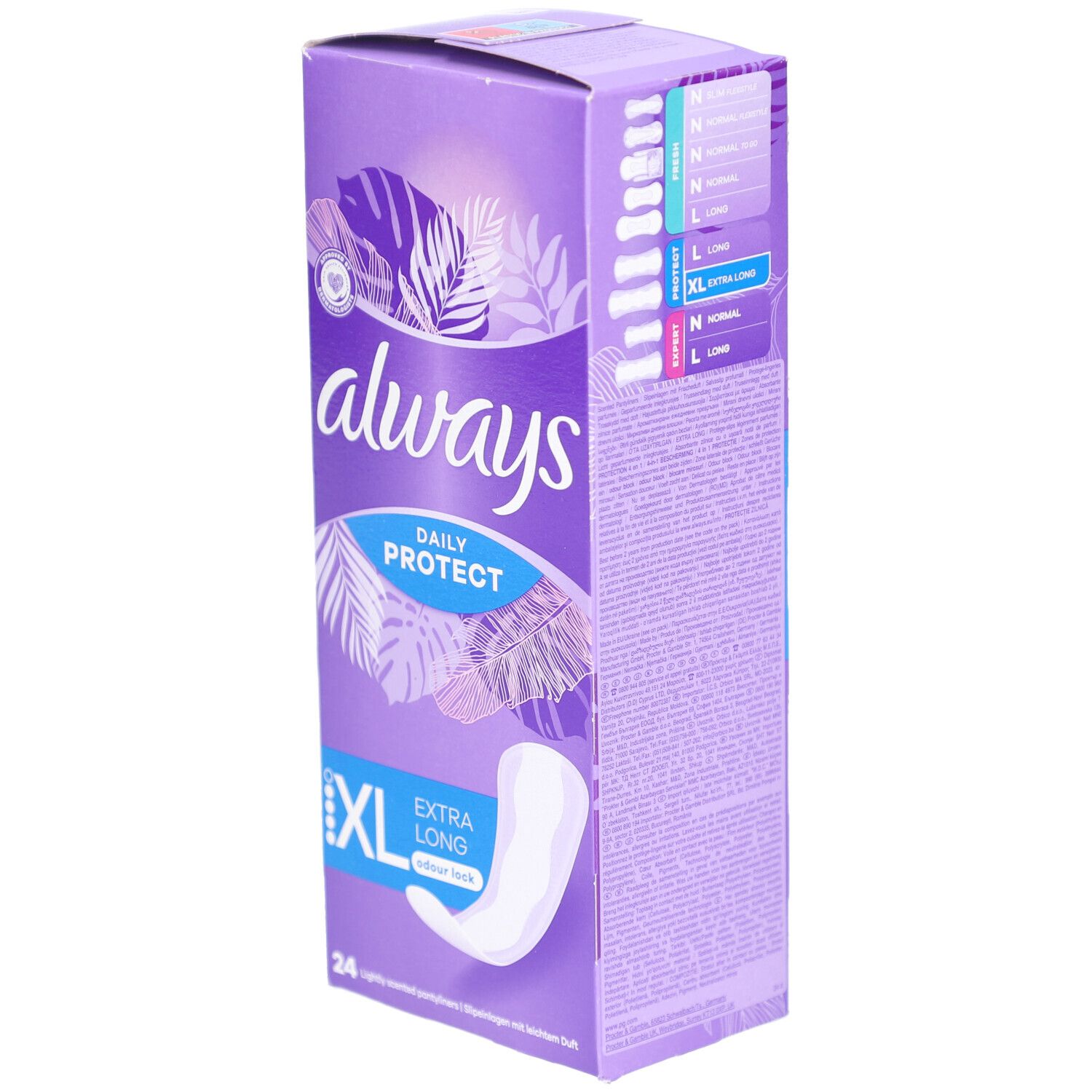 Always Daily Protect Protège-slips XL Extra Long. Boîte violette avec illustration du produit. 24 unités.