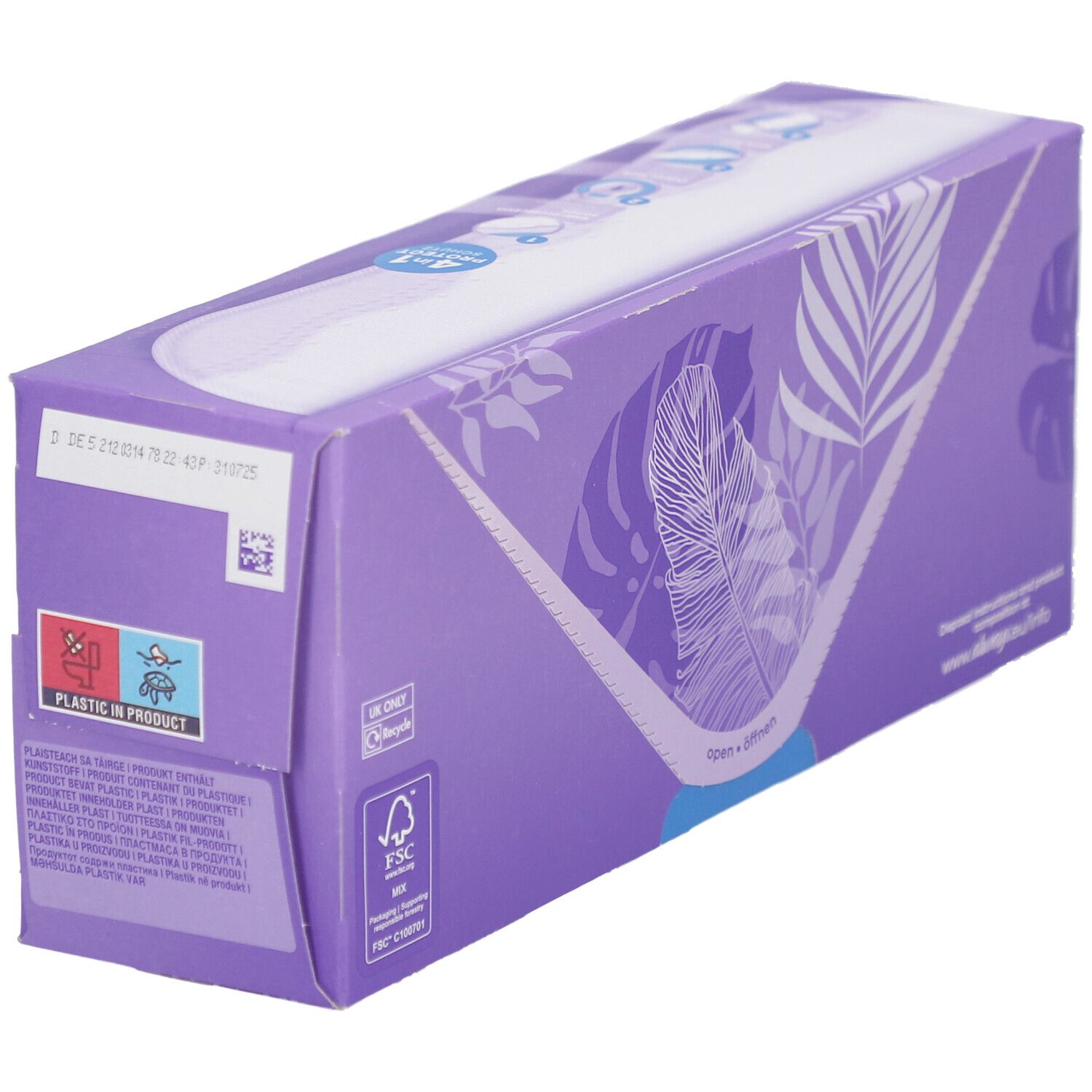 Always Daily Protect Protège-slips XL Extra Long. Boîte violette, côté avec informations et label FSC.
