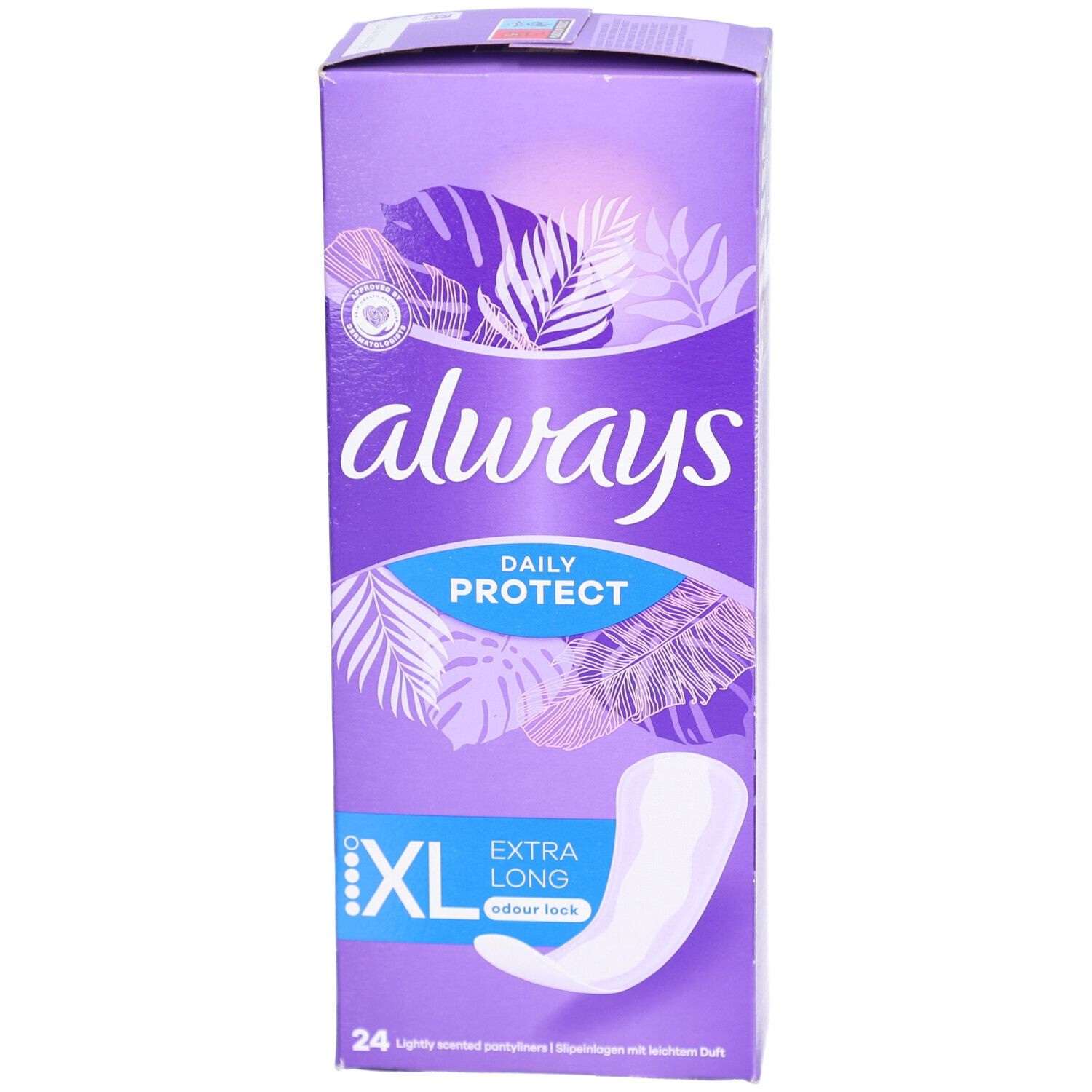 Always Daily Protect Protège-slips XL Extra Long. Boîte violette avec illustration et texte. 24 unités.