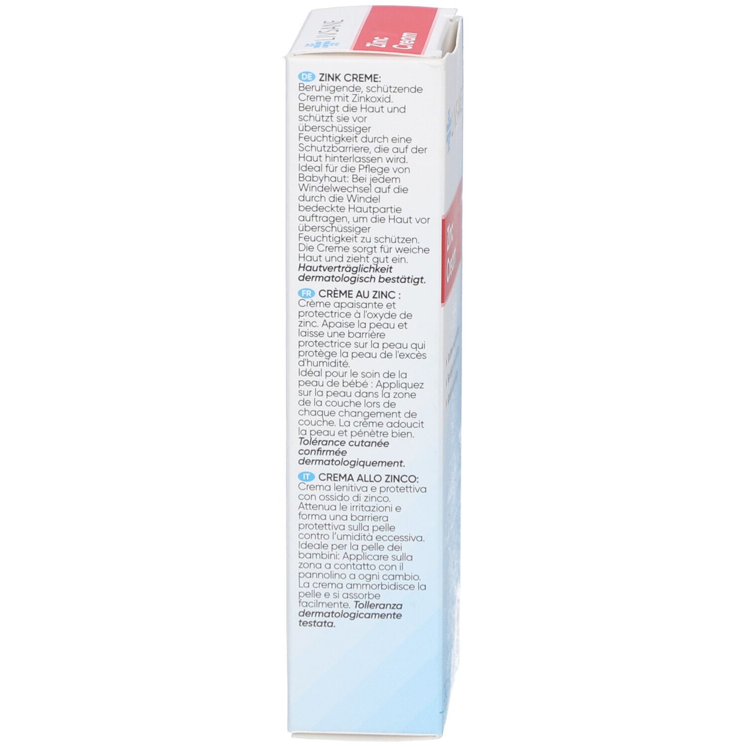Dos de la boîte. Texte en plusieurs langues : Zink Creme, Creme au Zinc, Crema allo Zinco, Zinkovy Krem, Zinkovy Krem, Zinkcreme, Kremas su cinku, Crema cu Zinc.