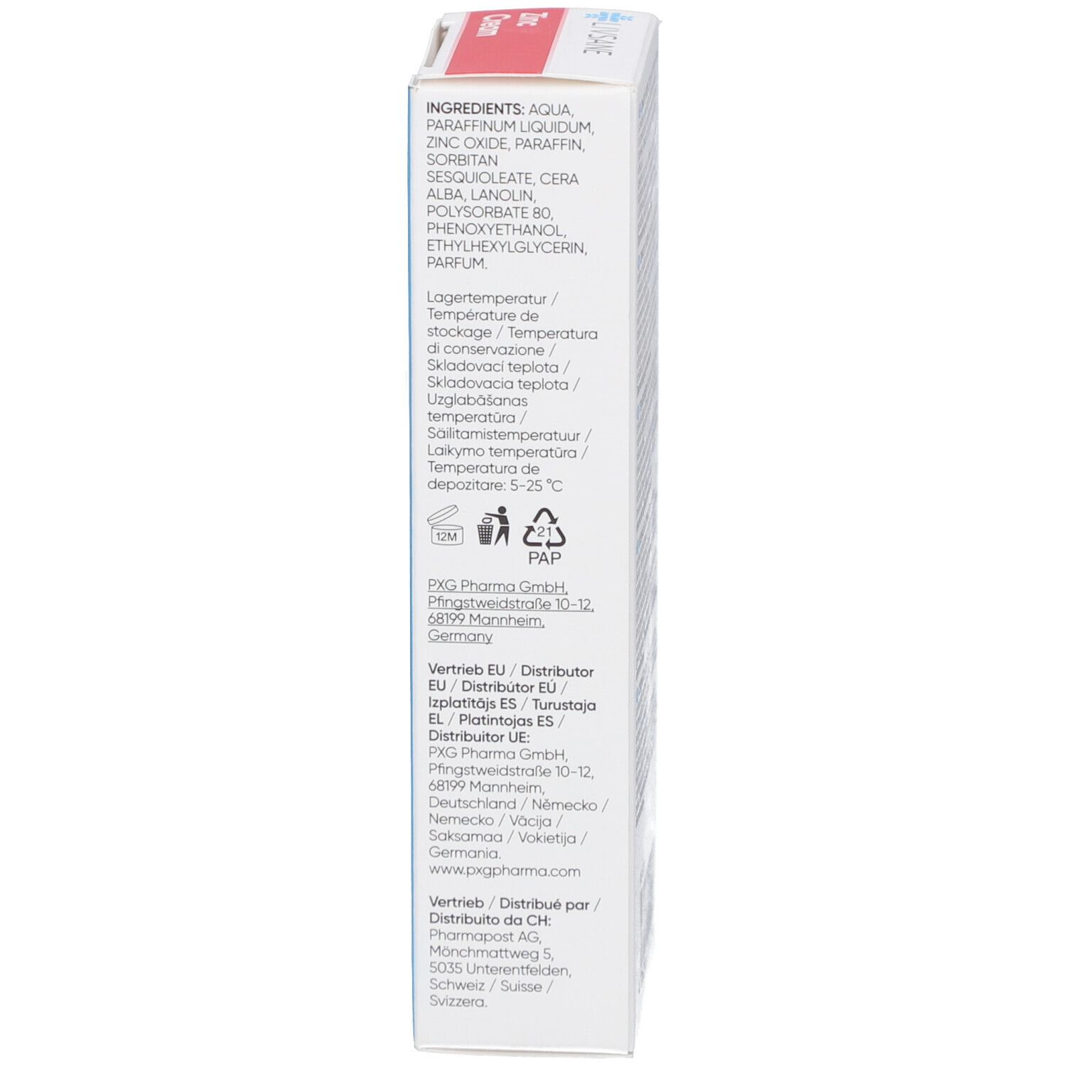 Côté de la boîte. Ingrédients, instructions de stockage, informations du fabricant. Texte en plusieurs langues. Testé dermatologiquement.