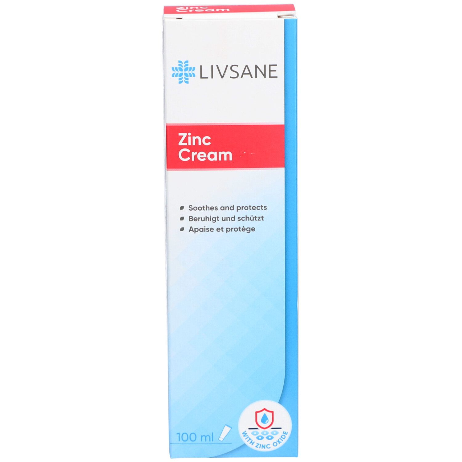 Emballage de crème au zinc LIVSANE. Blanc, bleu, rouge. Texte: Zinc Cream, apaise et protège. Avec oxyde de zinc.