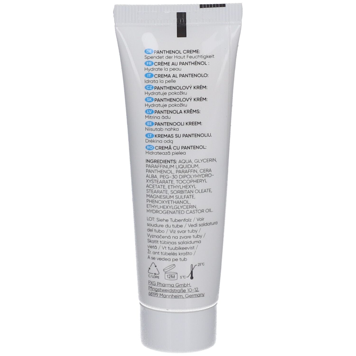 Dos du tube de crème. Ingrédients, numéro de lot et texte multilingue. Fond blanc.