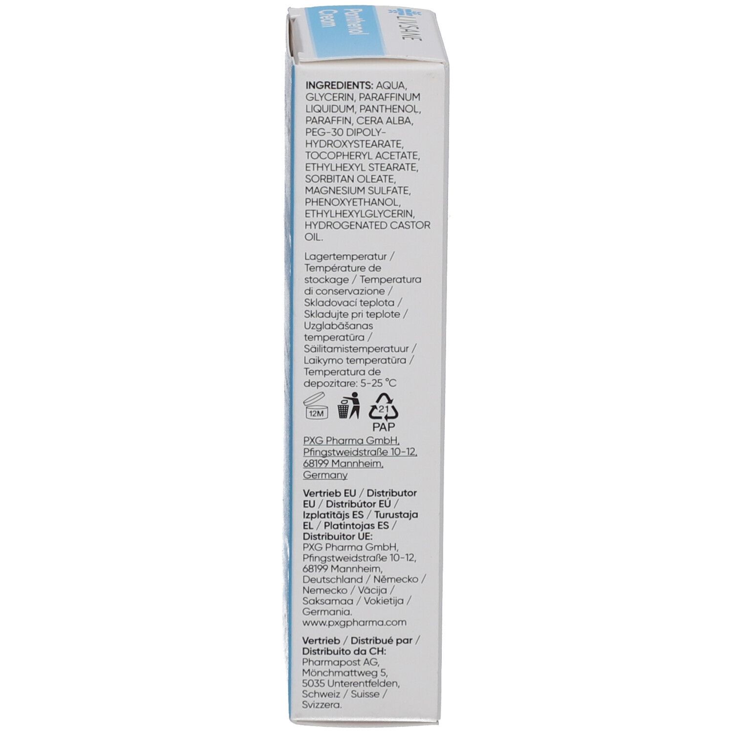 Côté de la boîte avec ingrédients, instructions de stockage et informations sur le fabricant. Fond blanc.