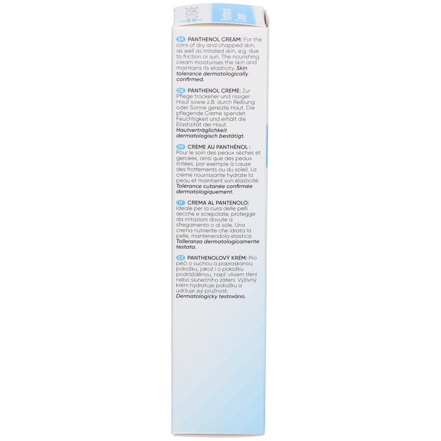 Côté de la boîte en carton. Informations produit en plusieurs langues. Couleurs bleu et blanc.