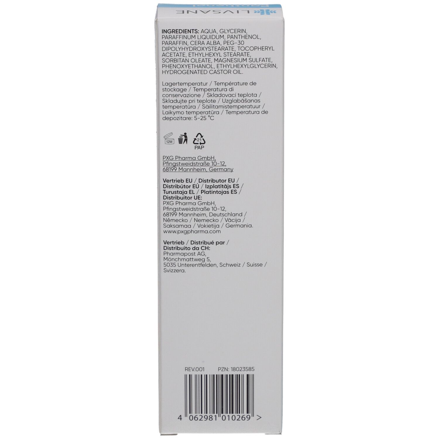 Côté de la boîte en carton. Ingrédients, informations fabricant et instructions de stockage. Texte multilingue.