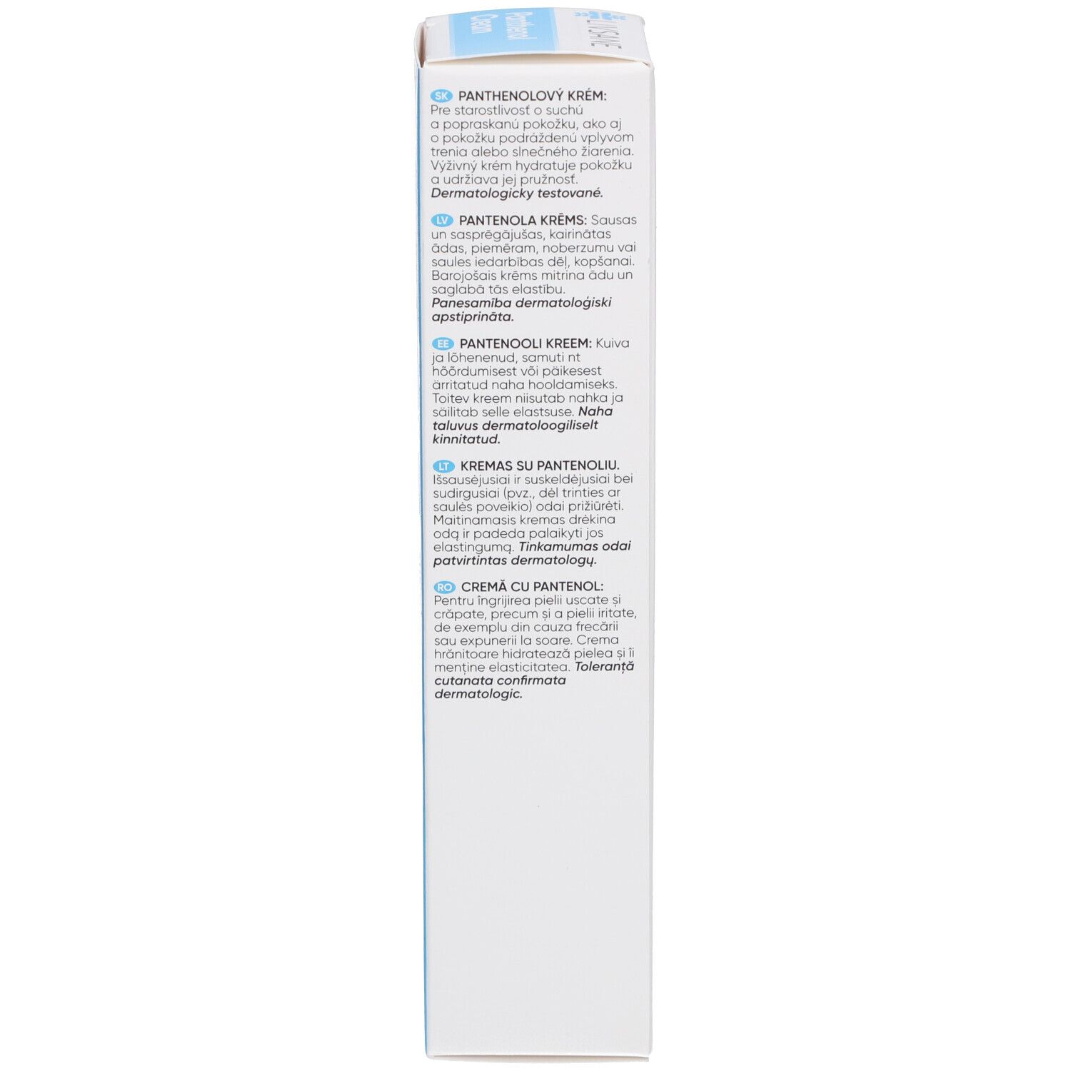 Côté de la boîte en carton. Informations produit en plusieurs langues. Couleurs bleu et blanc.