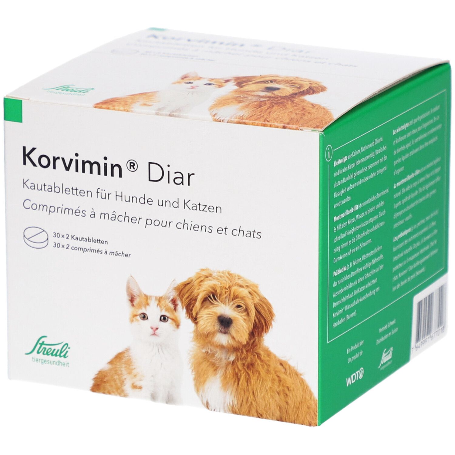 Boîte de KORVIMIN Diar comprimés à mâcher. Nom du produit, image de chien et chat. Logo Streuli.