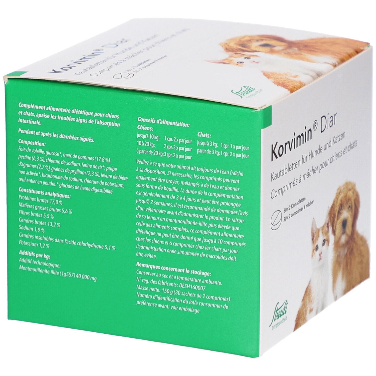Côté vert de l'emballage KORVIMIN Diar. Texte sur les ingrédients et les recommandations alimentaires pour chiens et chats.