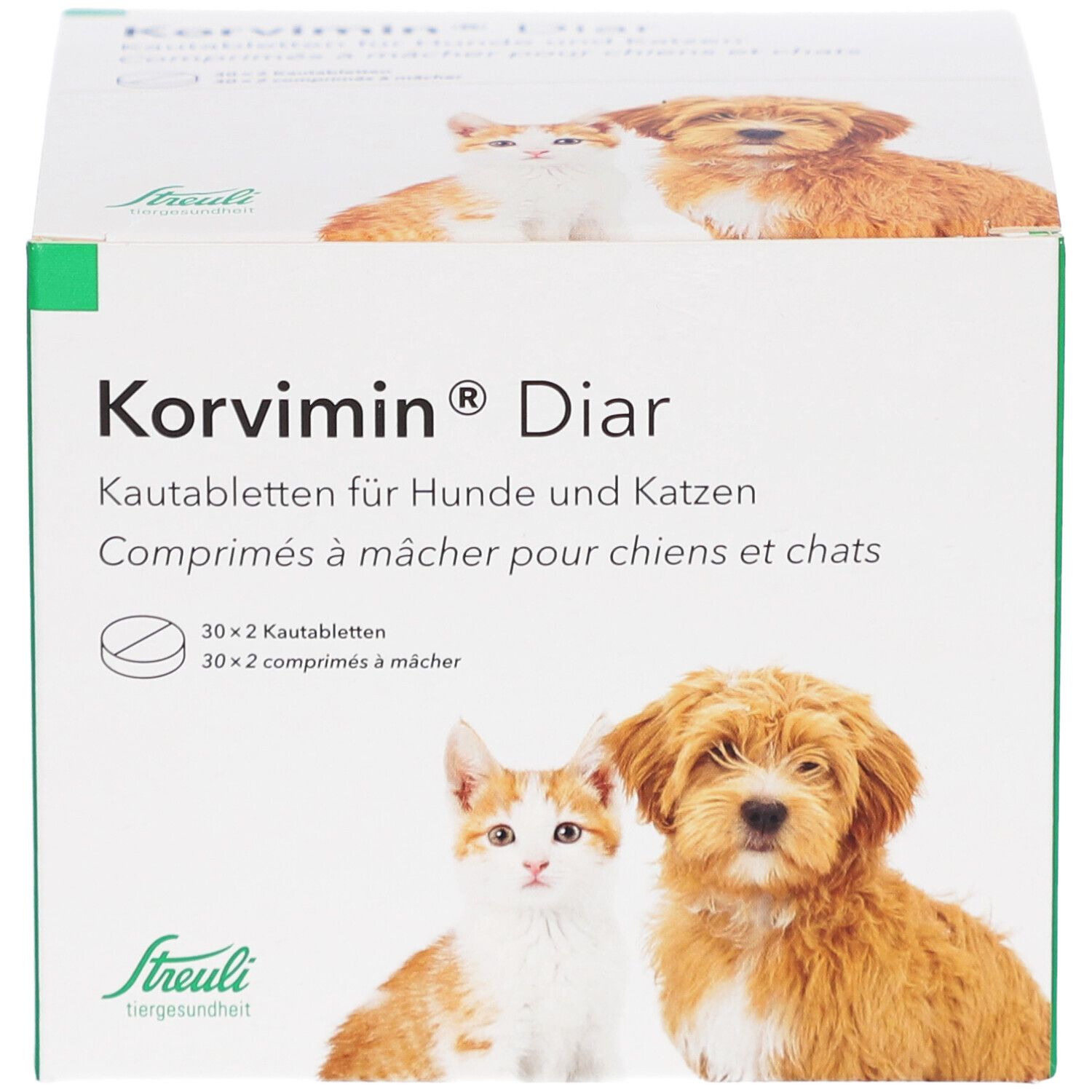 Boîte de KORVIMIN Diar comprimés à mâcher. Nom du produit, image de chien et chat. Logo Streuli.