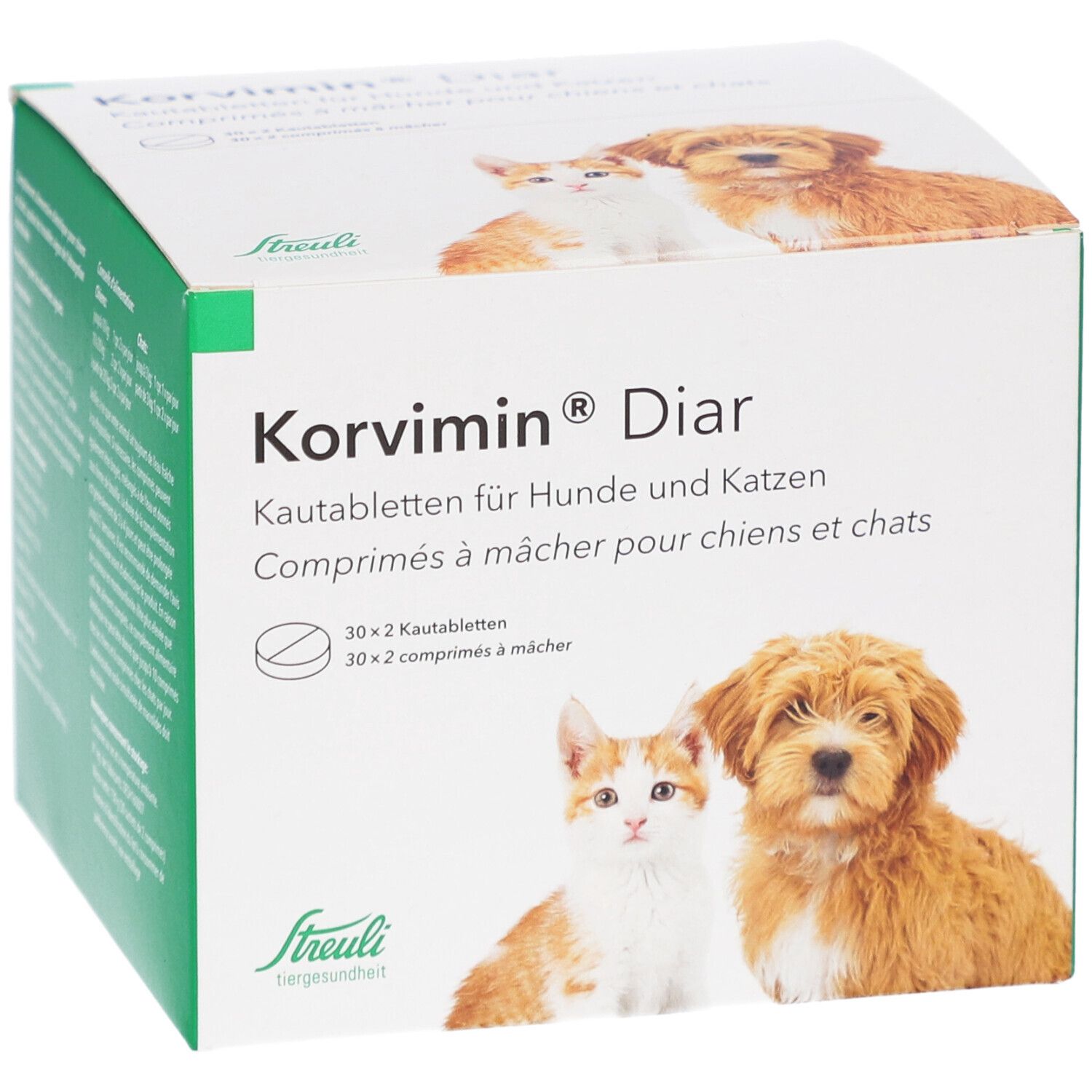 Boîte de KORVIMIN Diar comprimés à mâcher. Nom du produit, image de chien et chat. Logo Streuli.