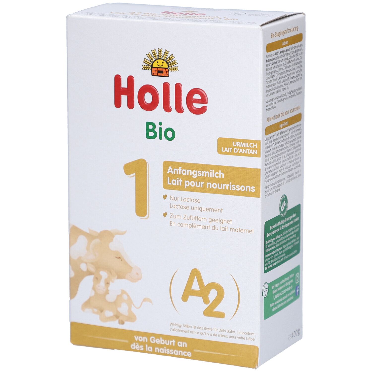 Boîte de lait infantile Holle Bio 1. Contient DHA, protéines A2. Label bio. Pour bébés dès la naissance.