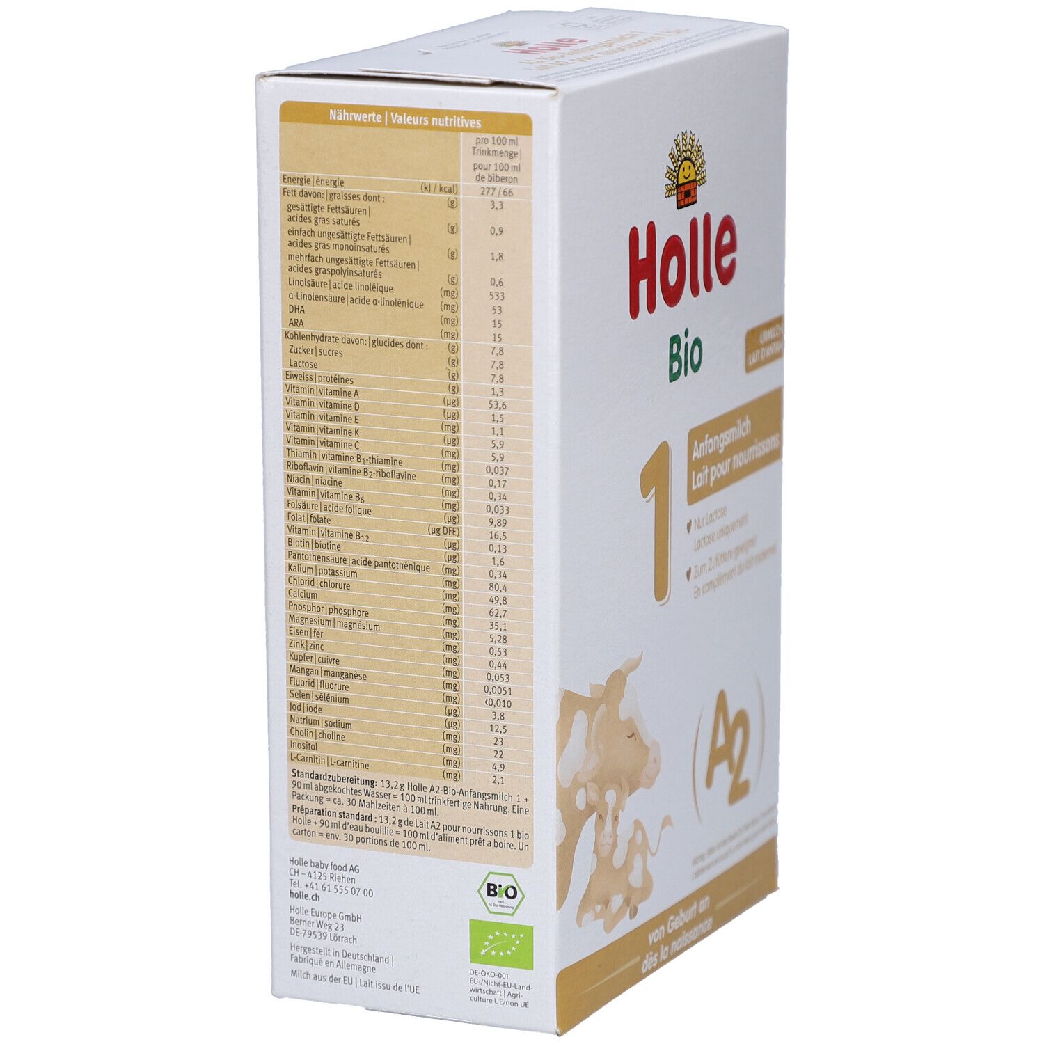 Vue latérale de la boîte Holle Bio 1. Tableau nutritionnel et label bio visibles. Contient des informations.