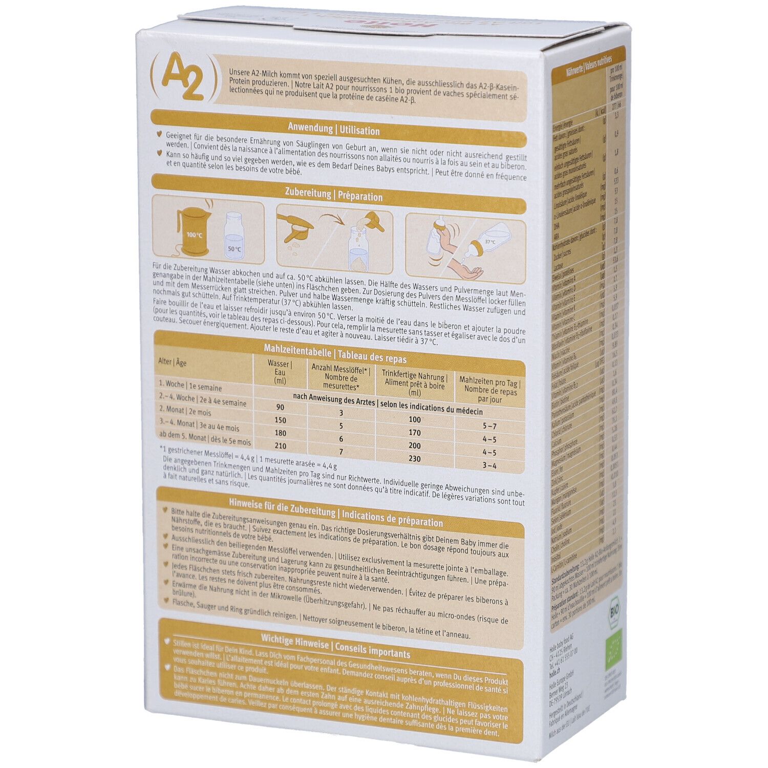 Dos de la boîte Holle Bio 1. Instructions de préparation et tableau nutritionnel. Texte en allemand et français.
