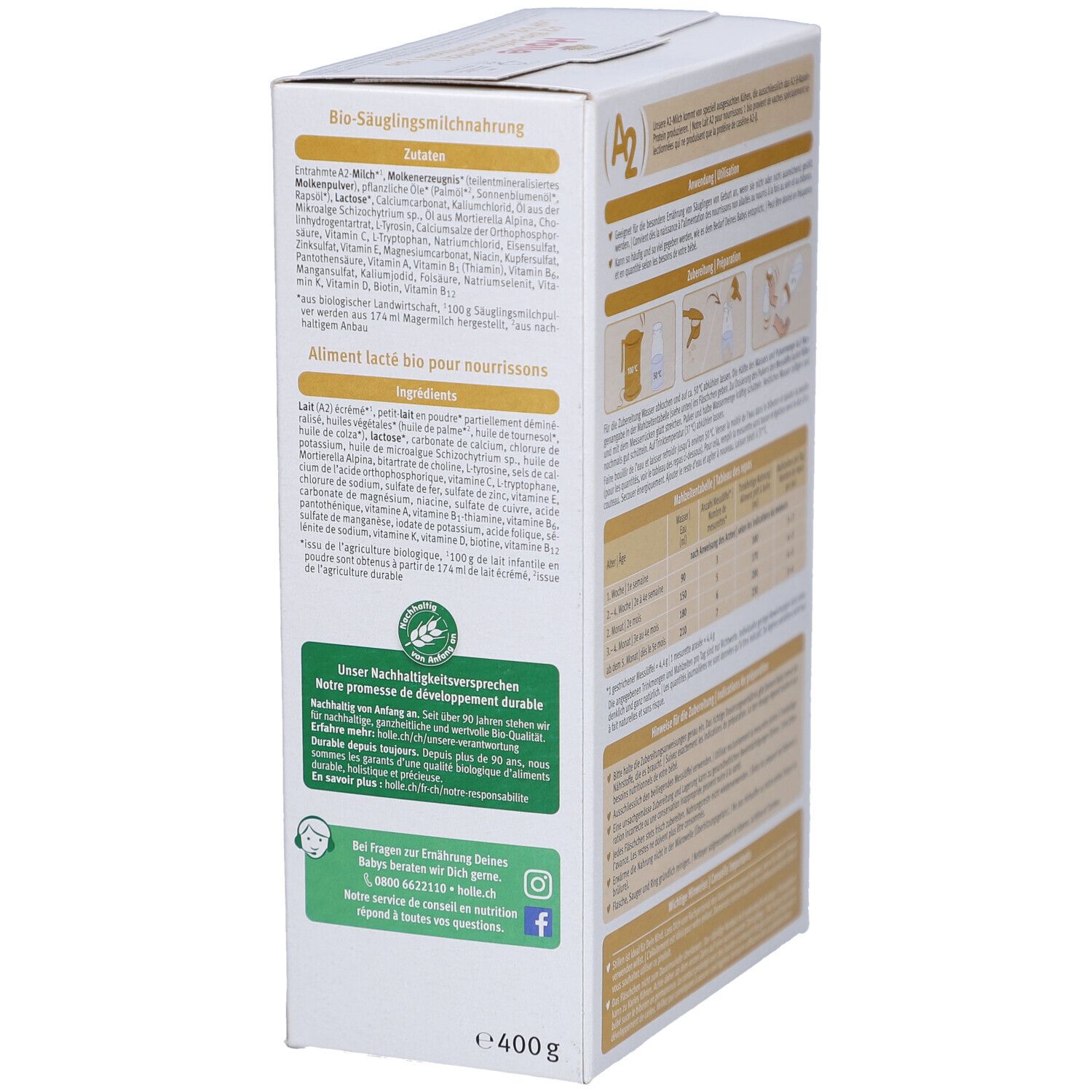 Côté de la boîte Holle Bio 1. Liste des ingrédients, informations nutritionnelles et label bio. Texte multilingue.