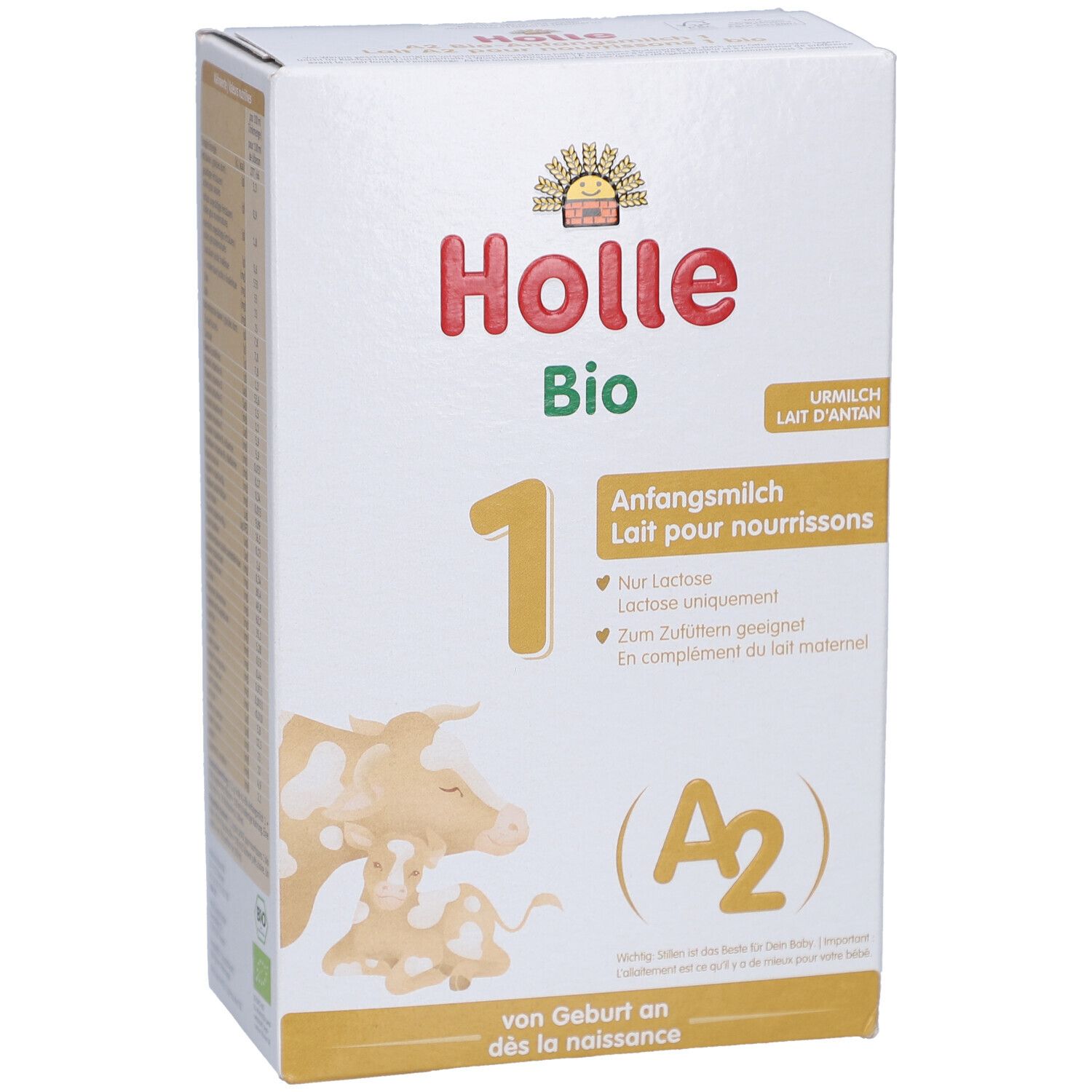Boîte de lait infantile Holle Bio 1. Contient DHA, protéines A2. Label bio. Pour bébés dès la naissance.