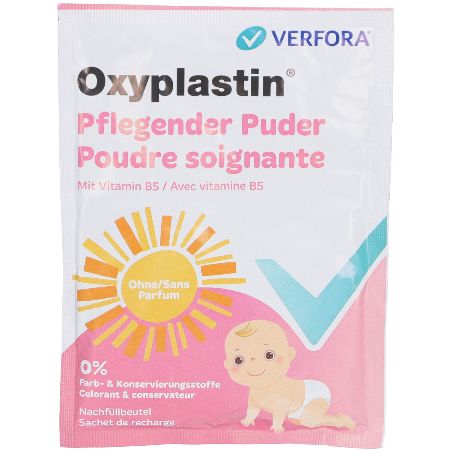 Sachet Oxyplastin Poudre soignante. Illustration bébé. Inscription: Sans parfum, vitamine B5. Emballage rose et blanc.
