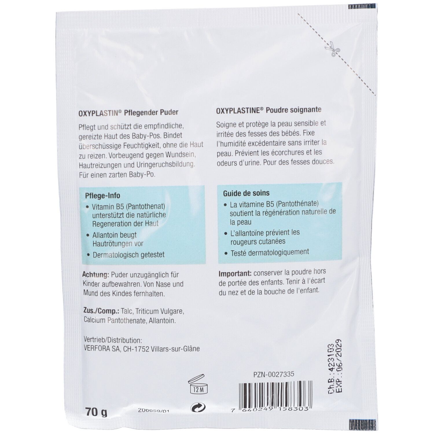 Dos du sachet Oxyplastin Poudre soignante. Textes, ingrédients, mode d'emploi. Poids: 70g.