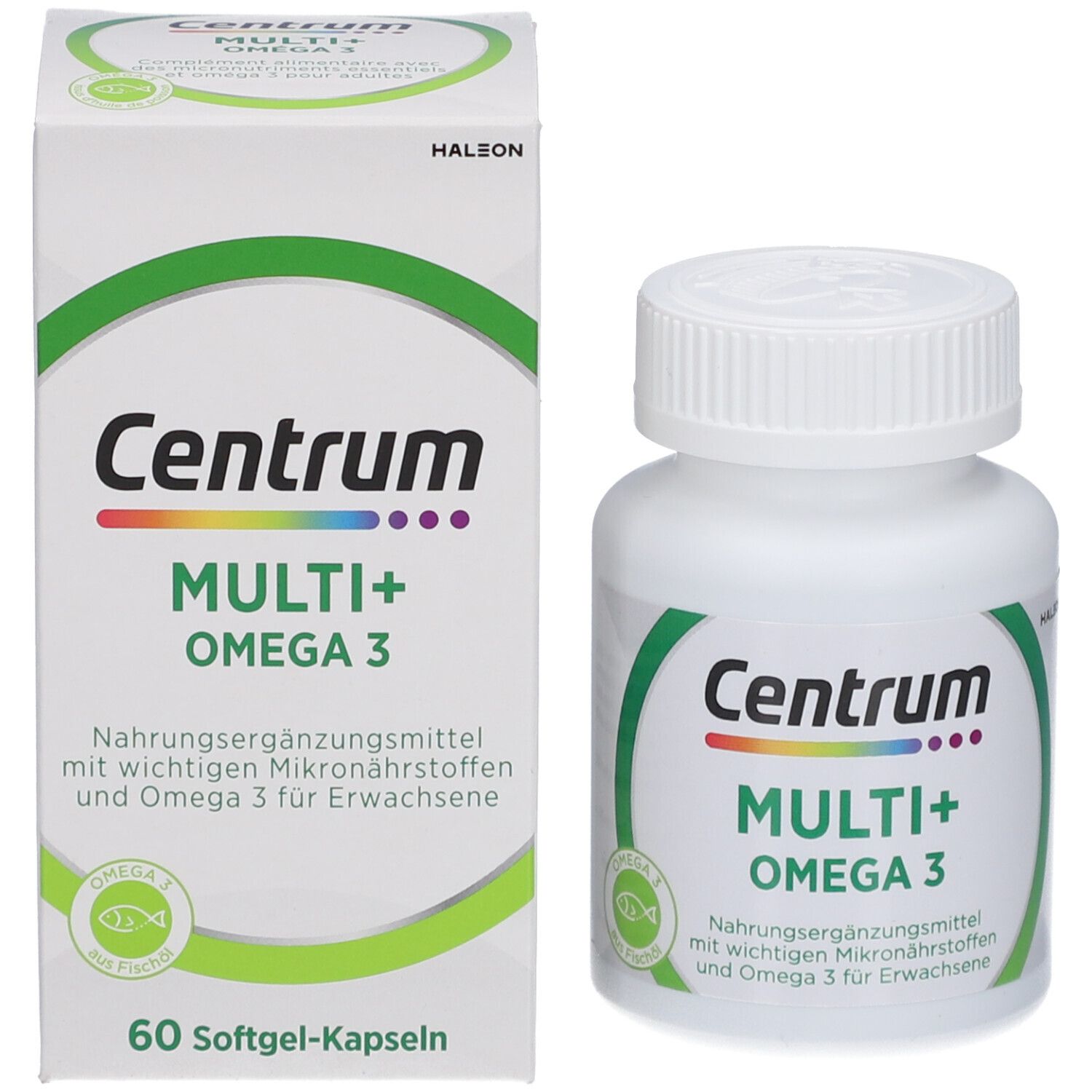 Emballage et flacon. Emballage avec inscription : Centrum Multi+ Omega 3. Flacon avec le même design. 60 gélules molles.