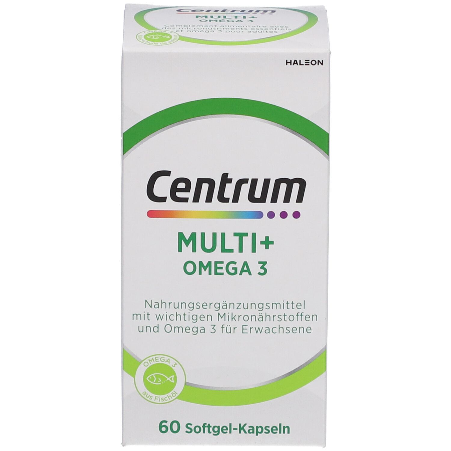 Emballage du produit. Inscription : Centrum Multi+ Omega 3. Étiquetage vert et blanc. Symbole de poisson. 60 gélules molles.