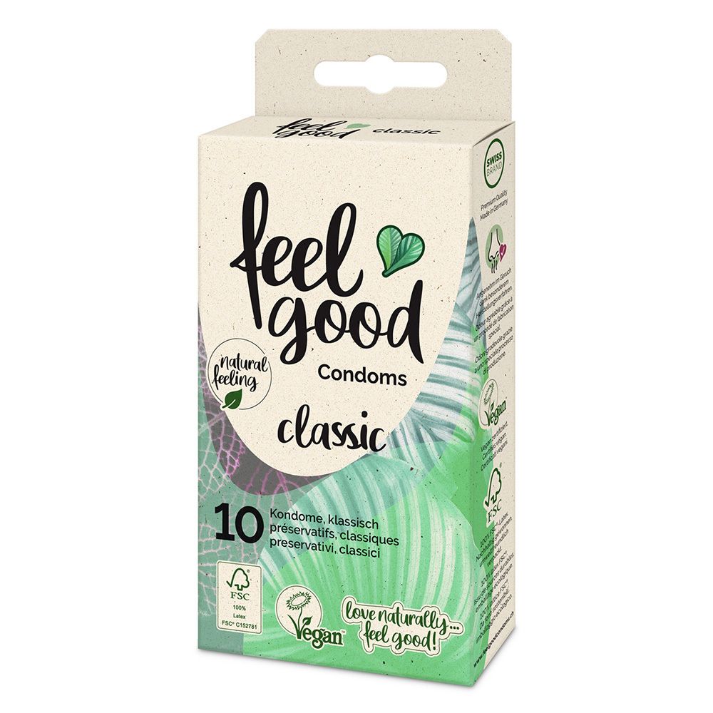 Boîte de préservatifs feelgood classic. Contient 10 préservatifs. Certification FSC et label Vegan.