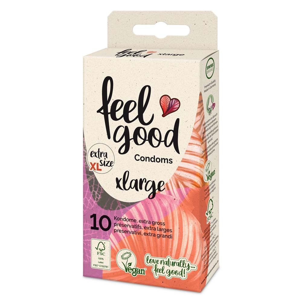 Boîte de préservatifs feel good large. 10 unités. Logo FSC et Vegan. Inscription "love naturally feel good!"