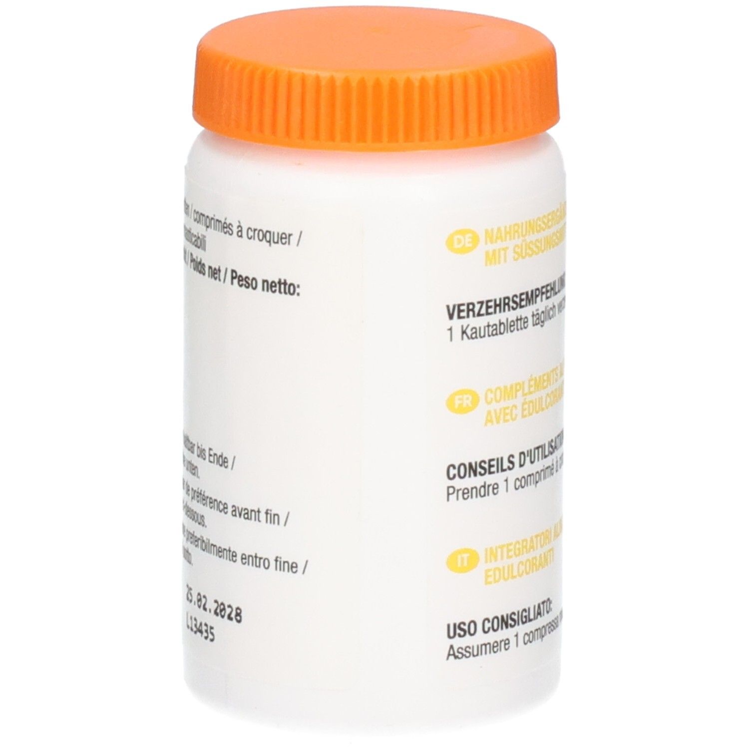 Flacon blanc, bouchon orange. Texte: 60 comprimés à croquer, poids net 54g. A consommer de préférence avant 03.04.2027.