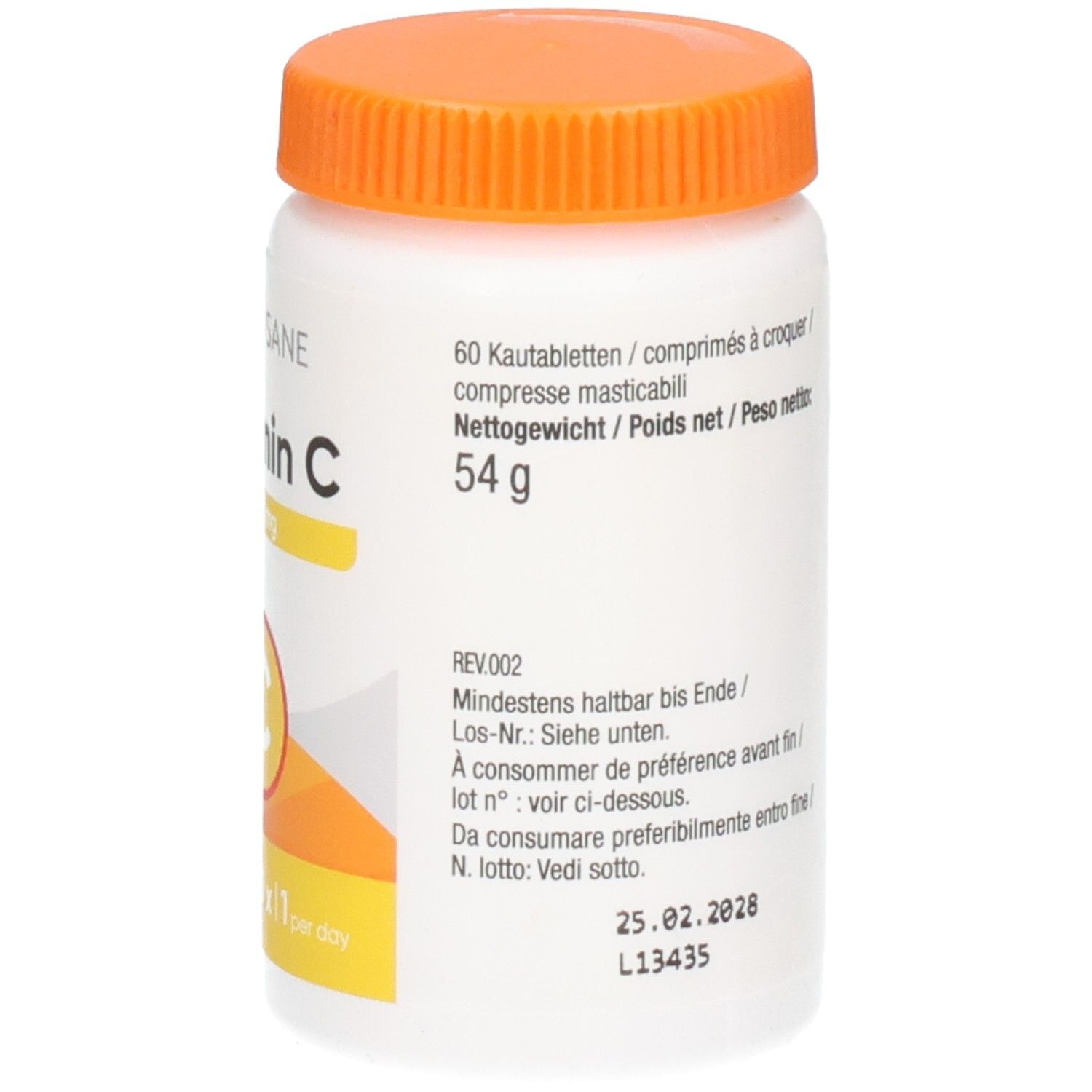 Flacon blanc, bouchon orange. Texte: Vitamine C 500 mg, 60 comprimés, 1 par jour. Logo: C dans un cercle.