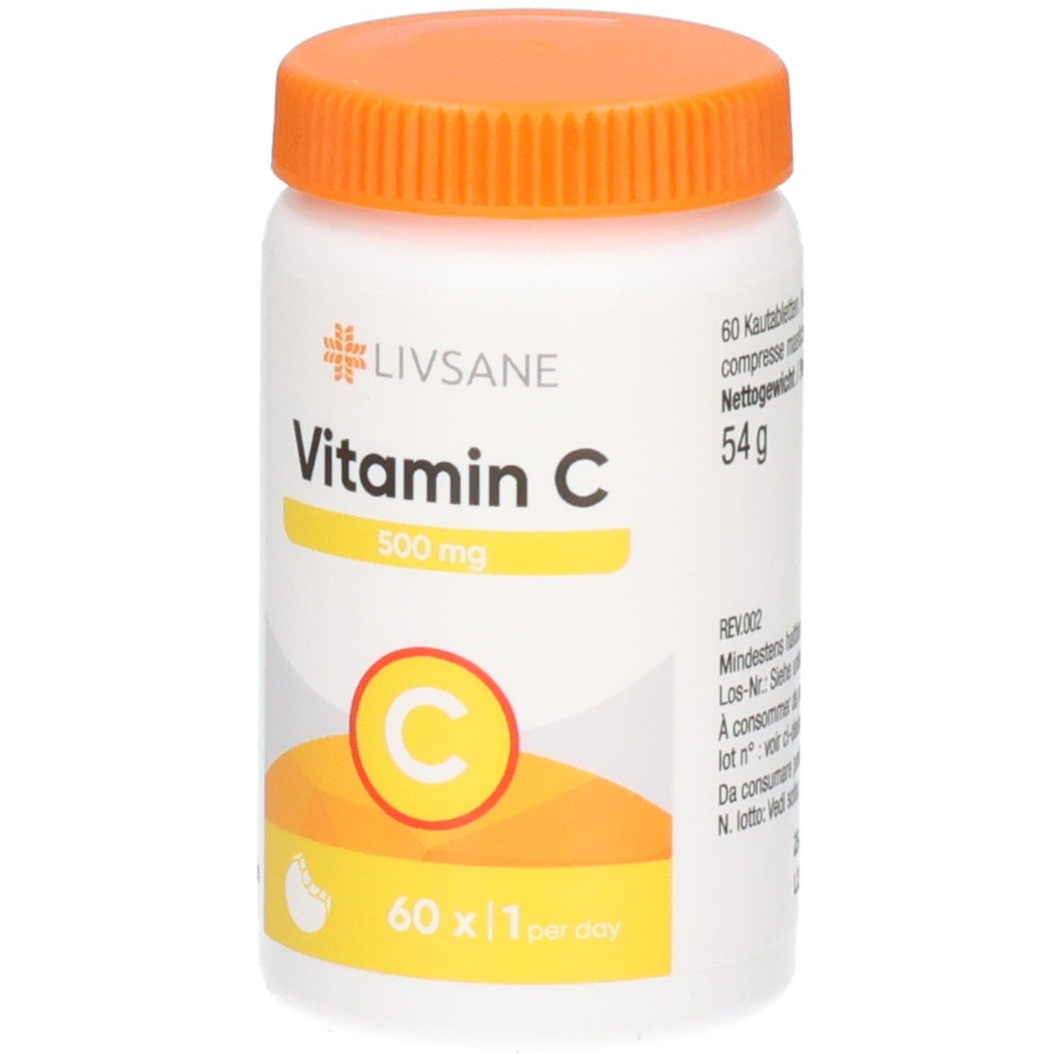 Flacon blanc, bouchon orange. Texte: Vitamine C 500 mg, 60 comprimés, 1 par jour. Logo: C dans un cercle.