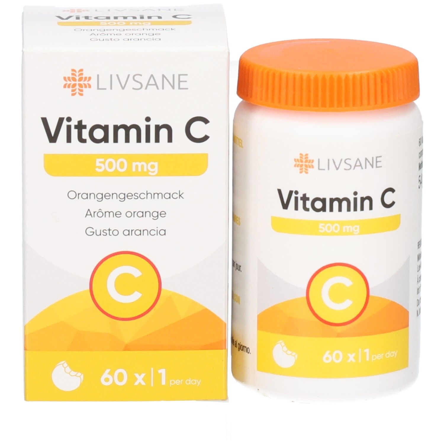 Emballage et flacon. Emballage: blanc, texte: Vitamine C 500 mg, goût orange. Flacon: blanc, bouchon orange.